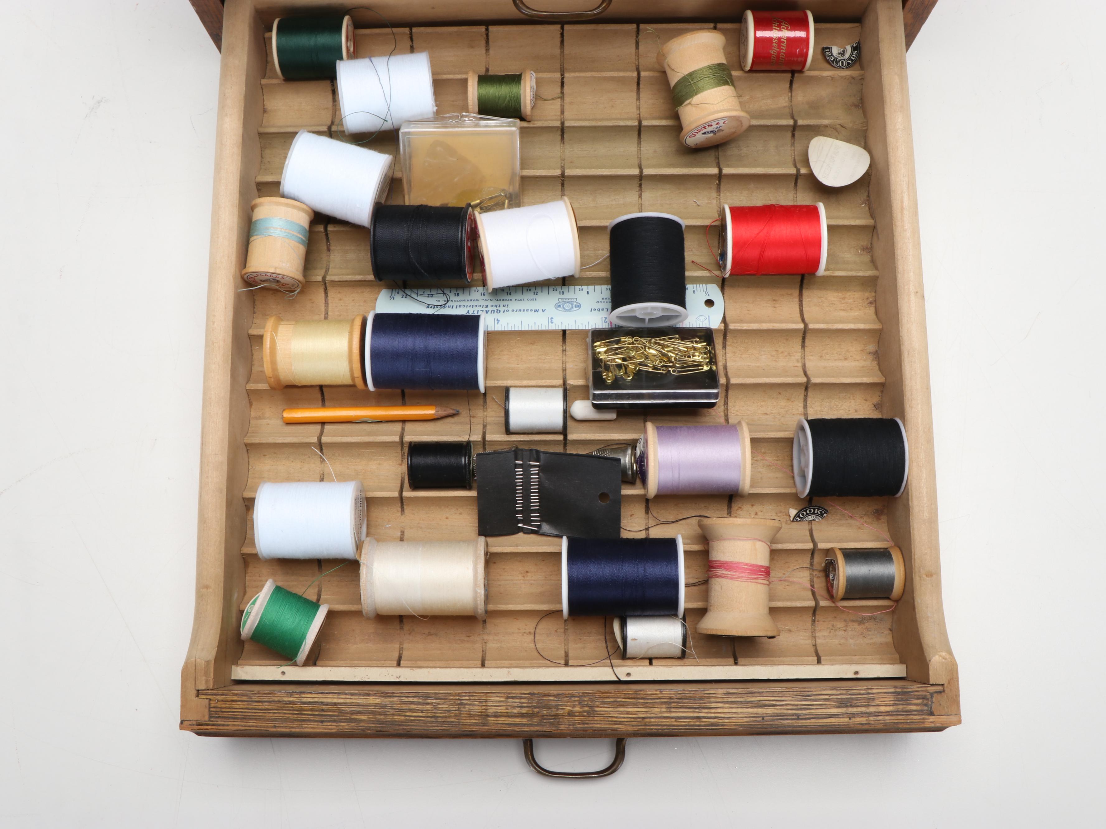 Belding Brothers Oak Spool Cabinet with Silk and Cotton Threads