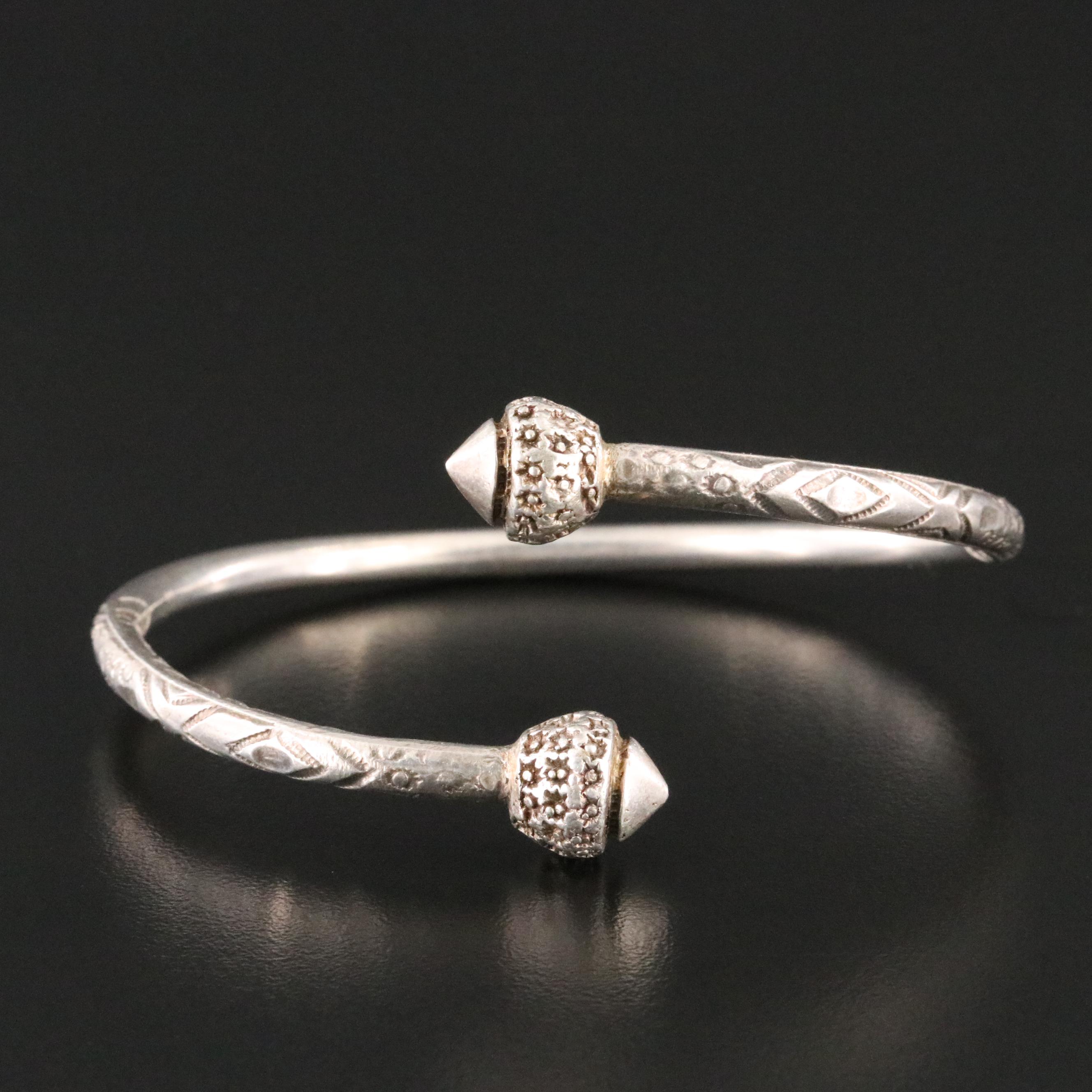 Southeast Asian 950 Silver Lotus Bud Finial Bypass Bracelet