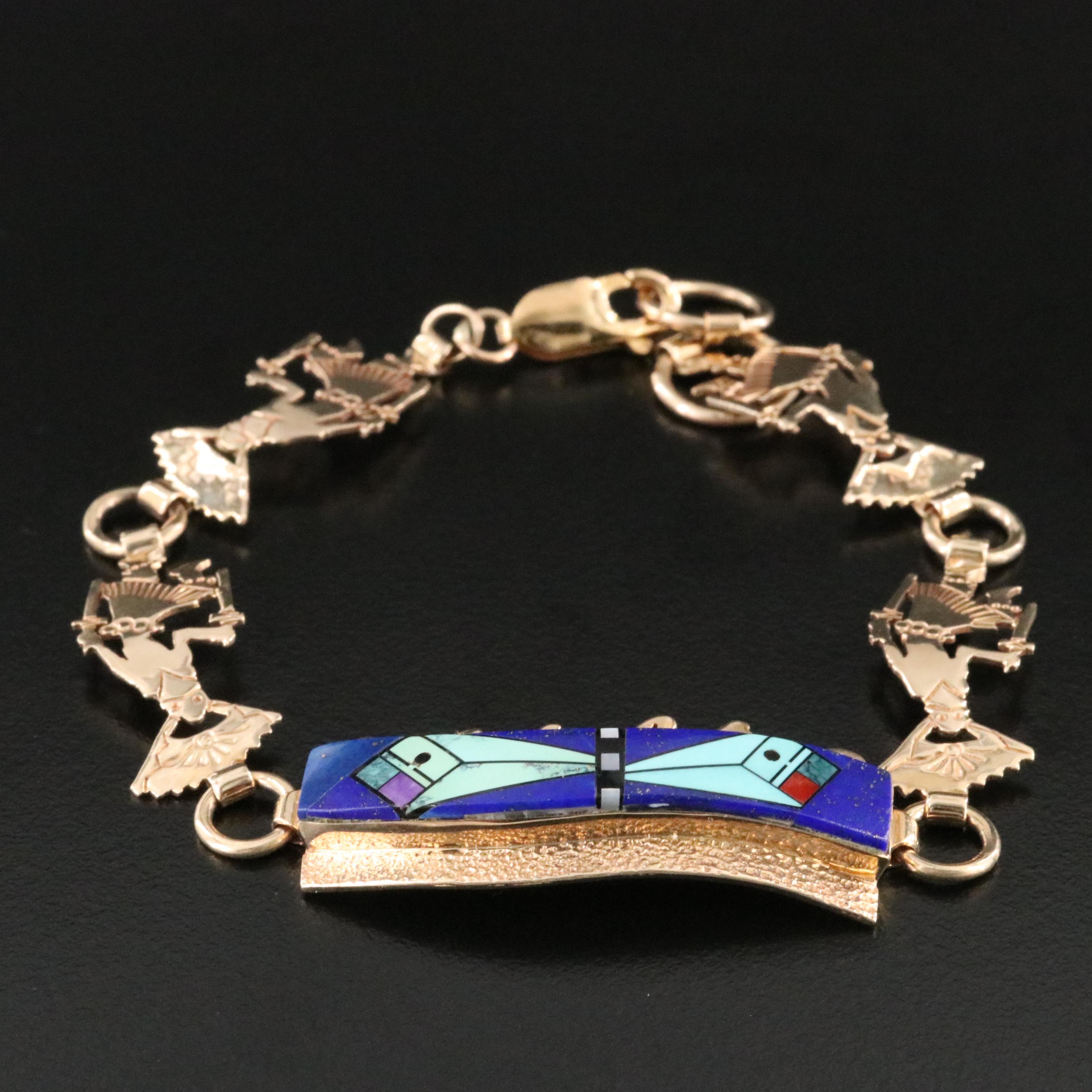Southwestern 14K Gemstone Inlay Bracelet with Kachina Dancers