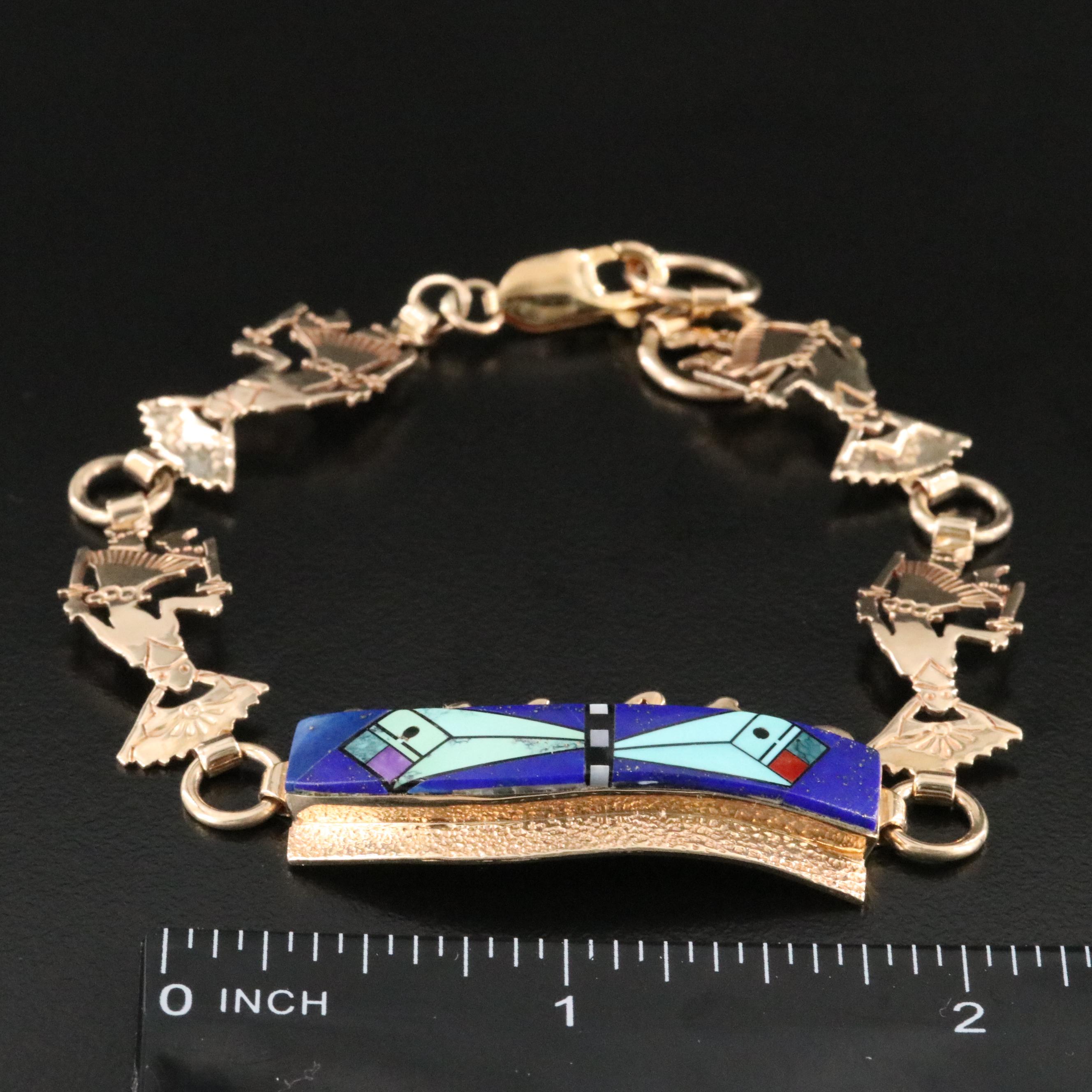 Southwestern 14K Gemstone Inlay Bracelet with Kachina Dancers