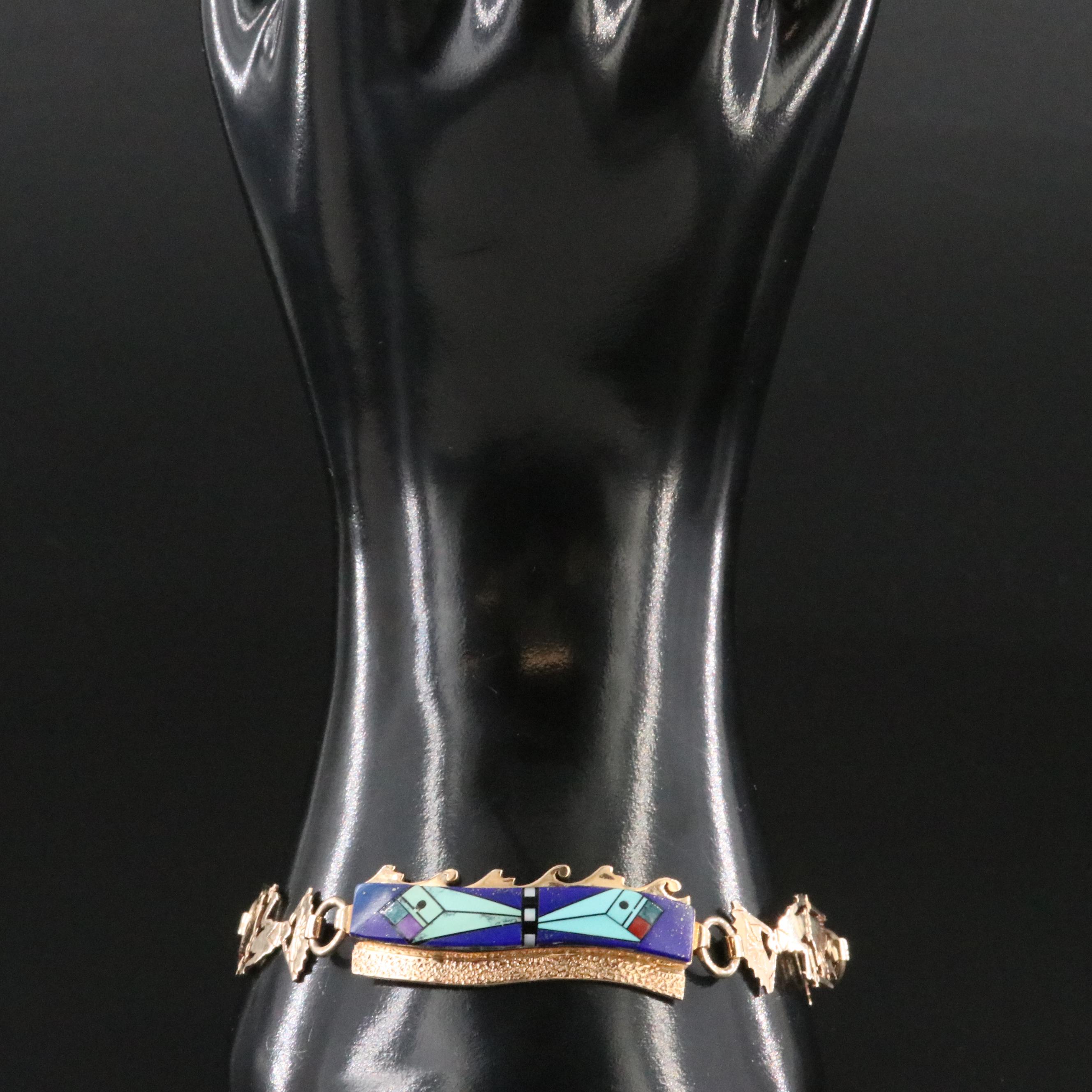 Southwestern 14K Gemstone Inlay Bracelet with Kachina Dancers