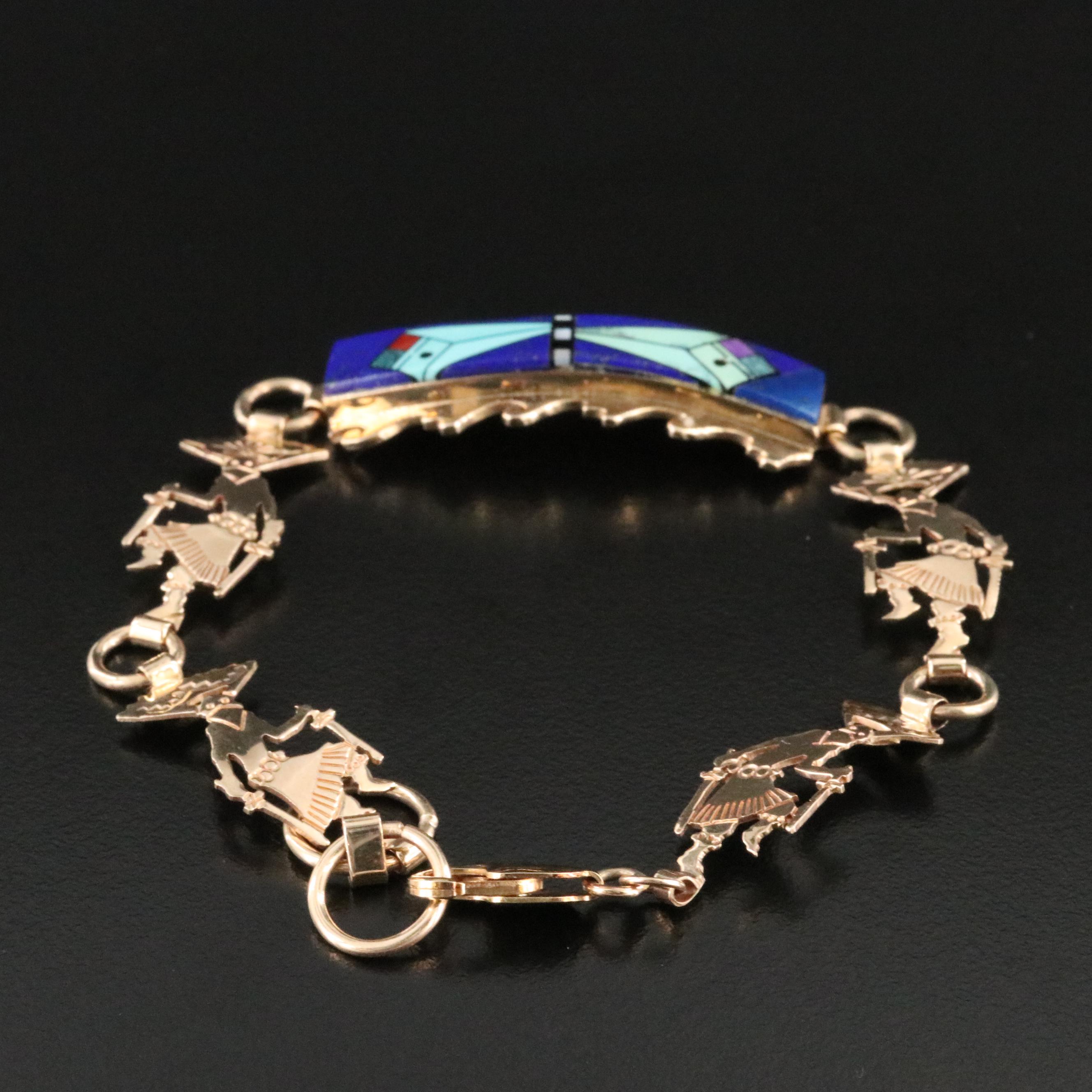 Southwestern 14K Gemstone Inlay Bracelet with Kachina Dancers