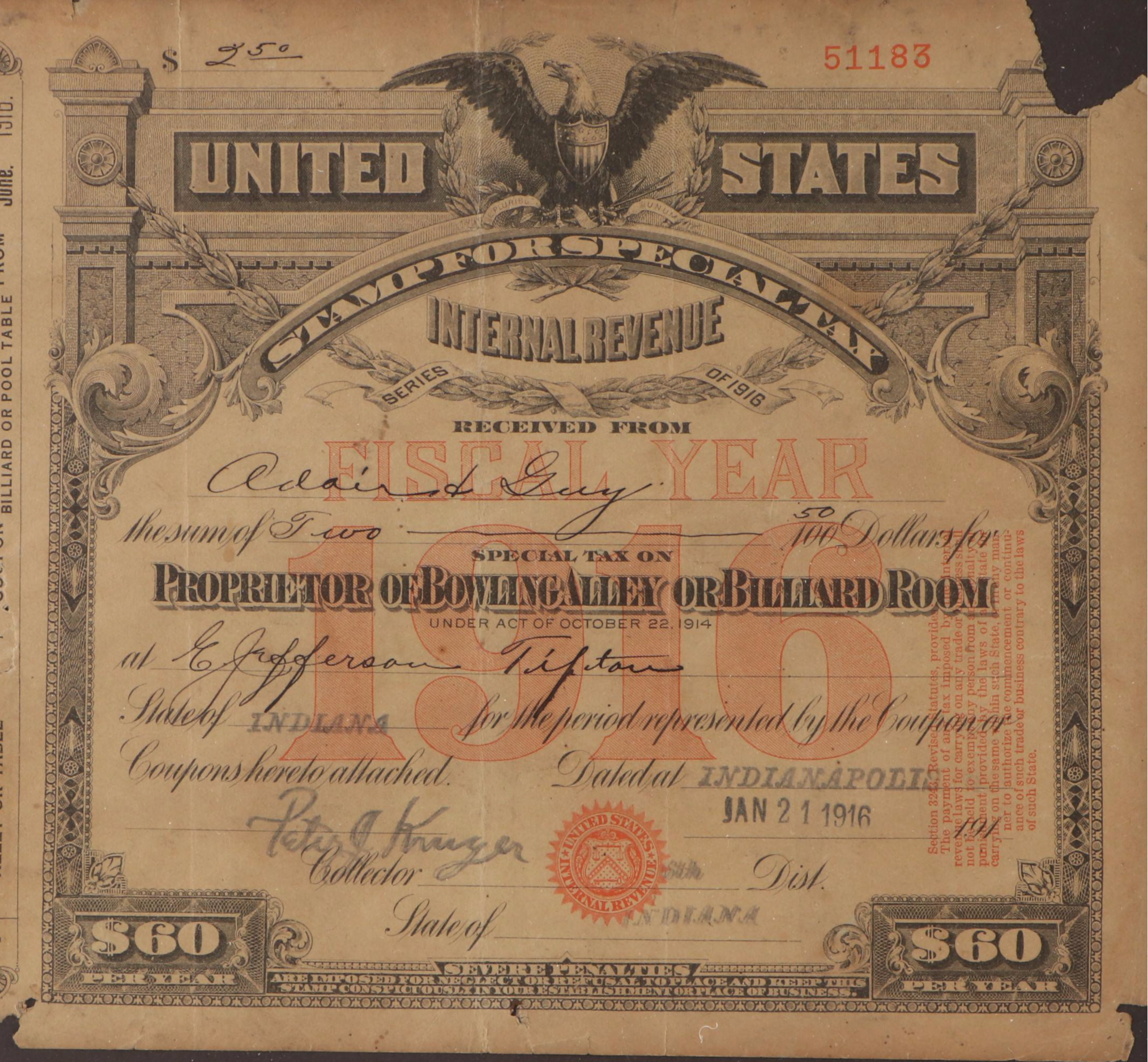 Internal Revenue Bowling Alley or Billiard Room Special Tax Stamp Document, 1916