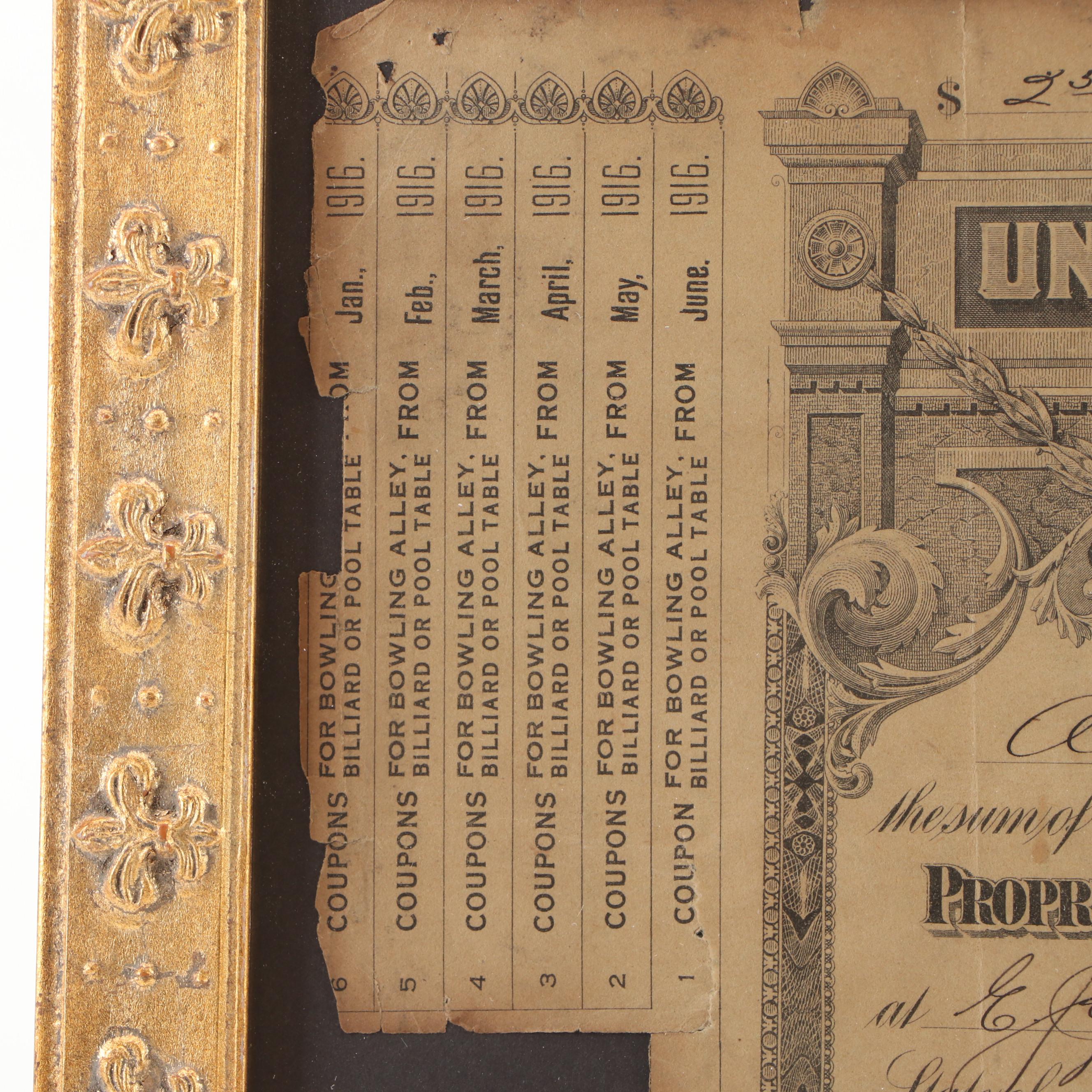 Internal Revenue Bowling Alley or Billiard Room Special Tax Stamp Document, 1916