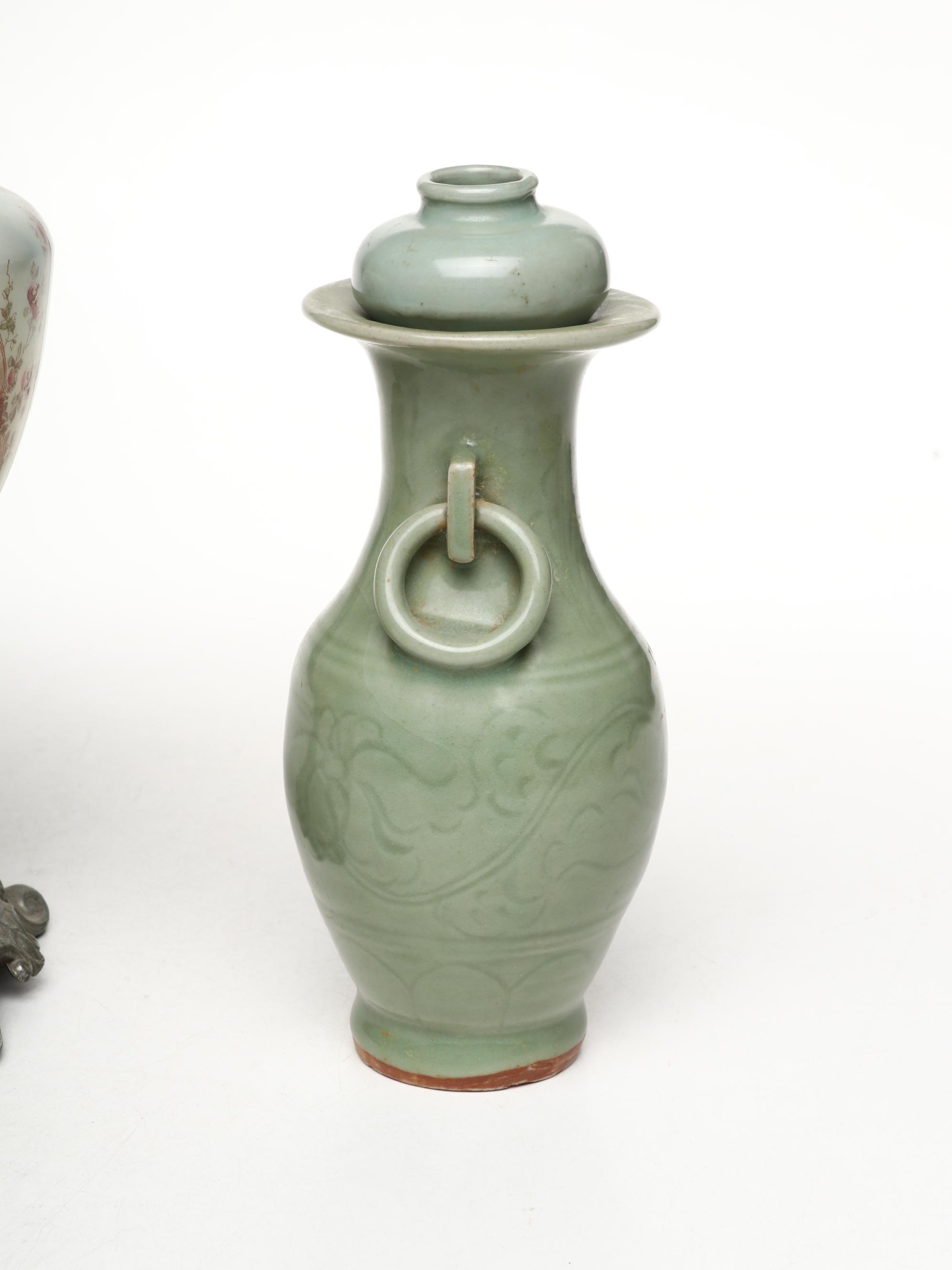 Victorian Ceramic and Metal Mantel Ewer with Celadon Jar and Dragon Candlestick