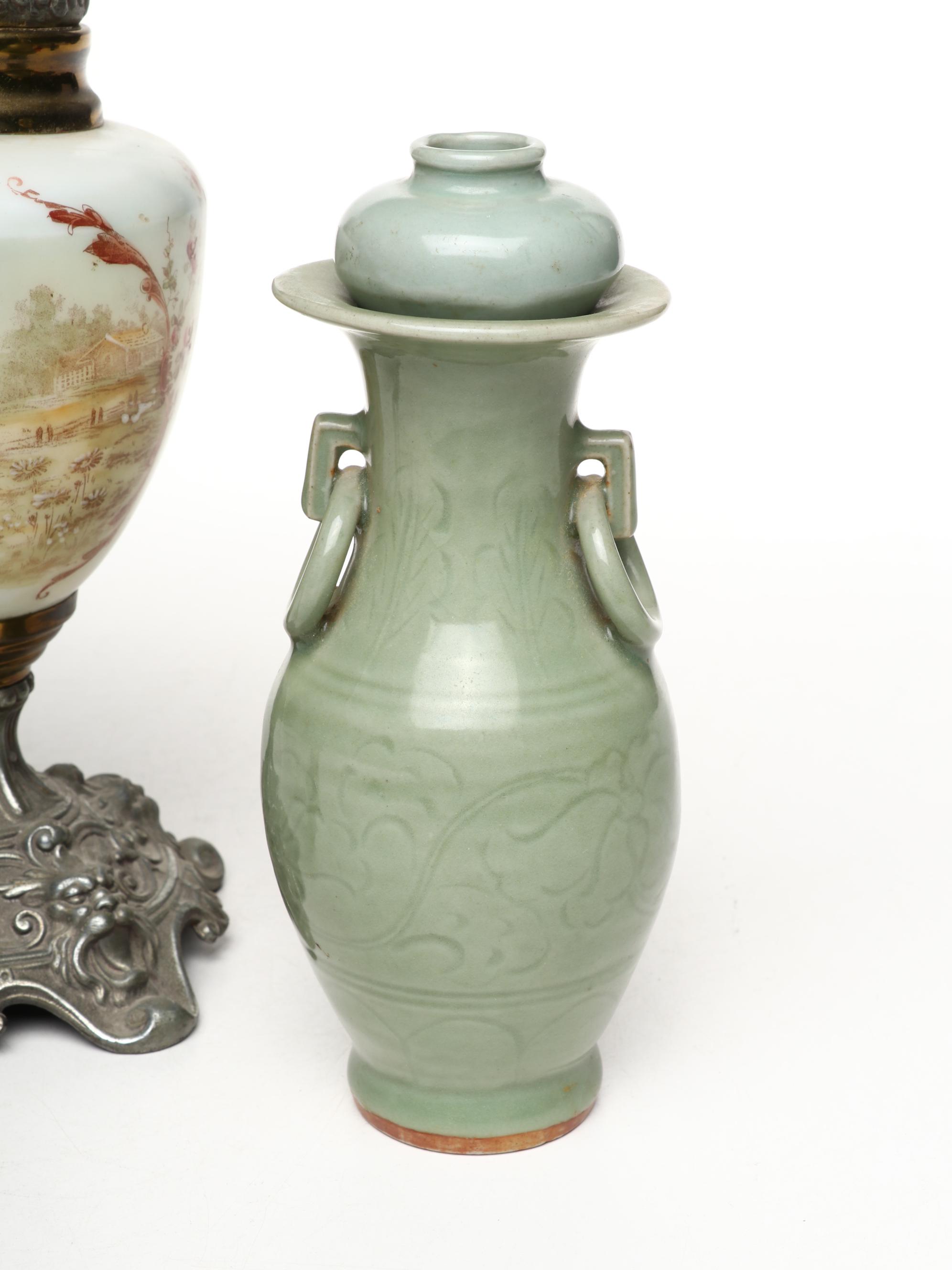 Victorian Ceramic and Metal Mantel Ewer with Celadon Jar and Dragon Candlestick