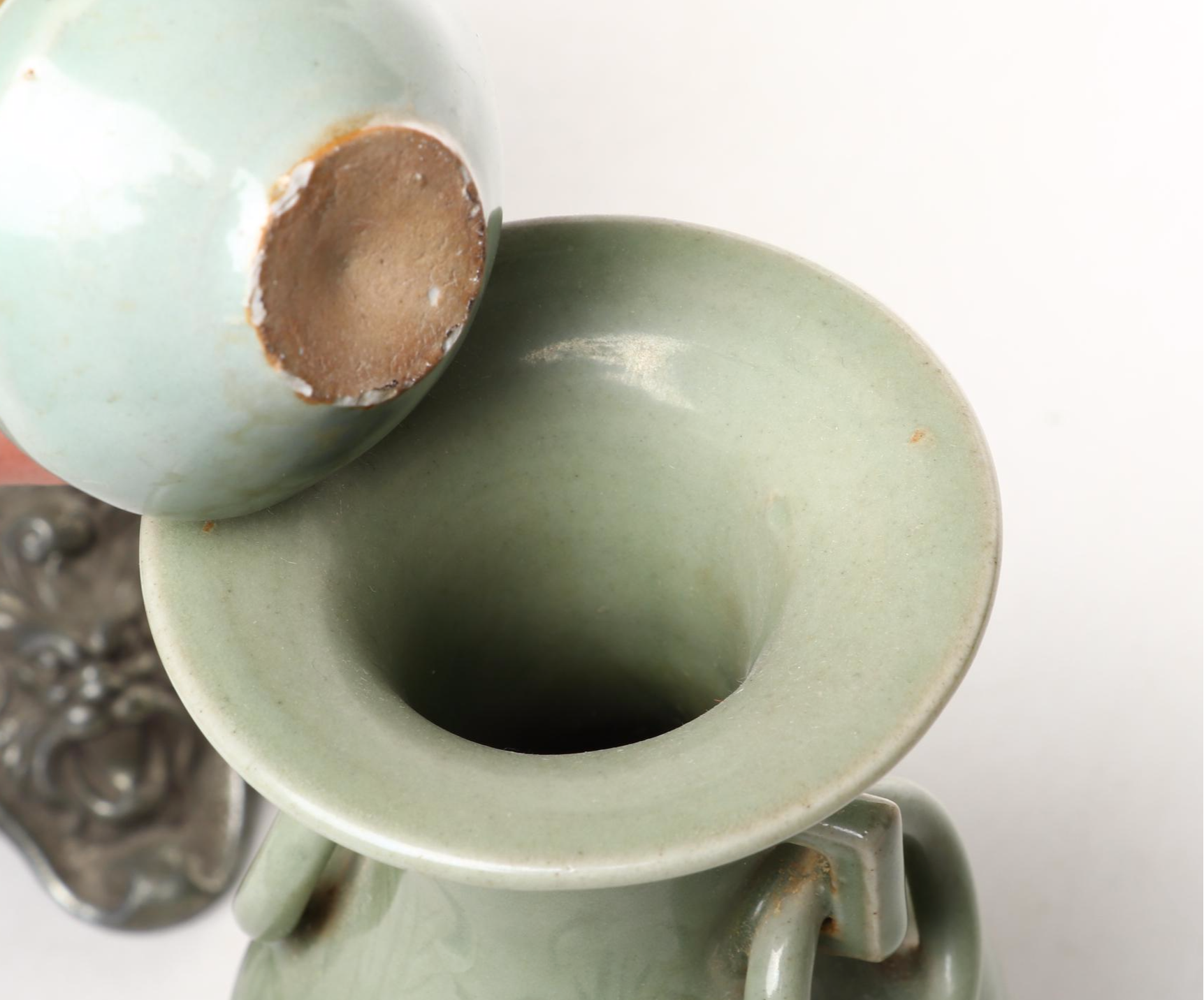 Victorian Ceramic and Metal Mantel Ewer with Celadon Jar and Dragon Candlestick