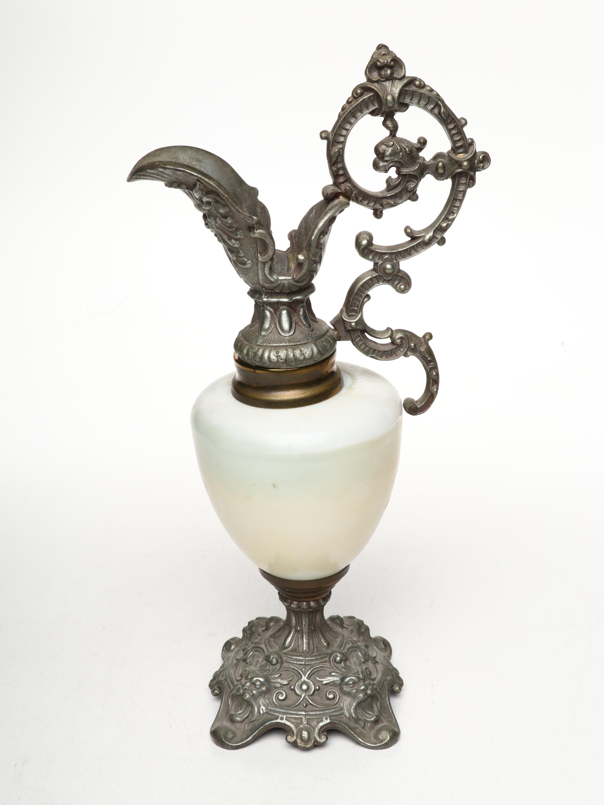 Victorian Ceramic and Metal Mantel Ewer with Celadon Jar and Dragon Candlestick