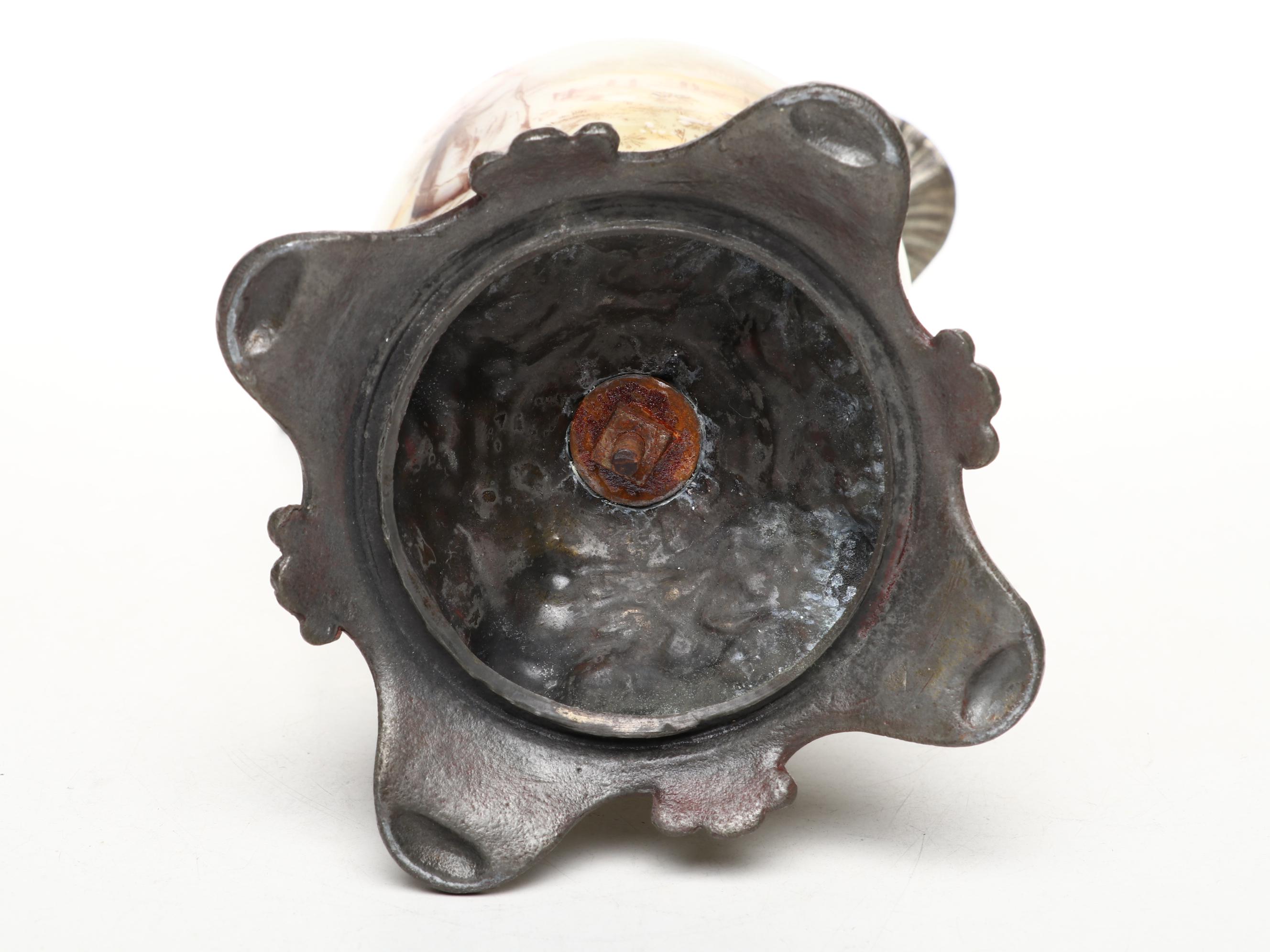 Victorian Ceramic and Metal Mantel Ewer with Celadon Jar and Dragon Candlestick