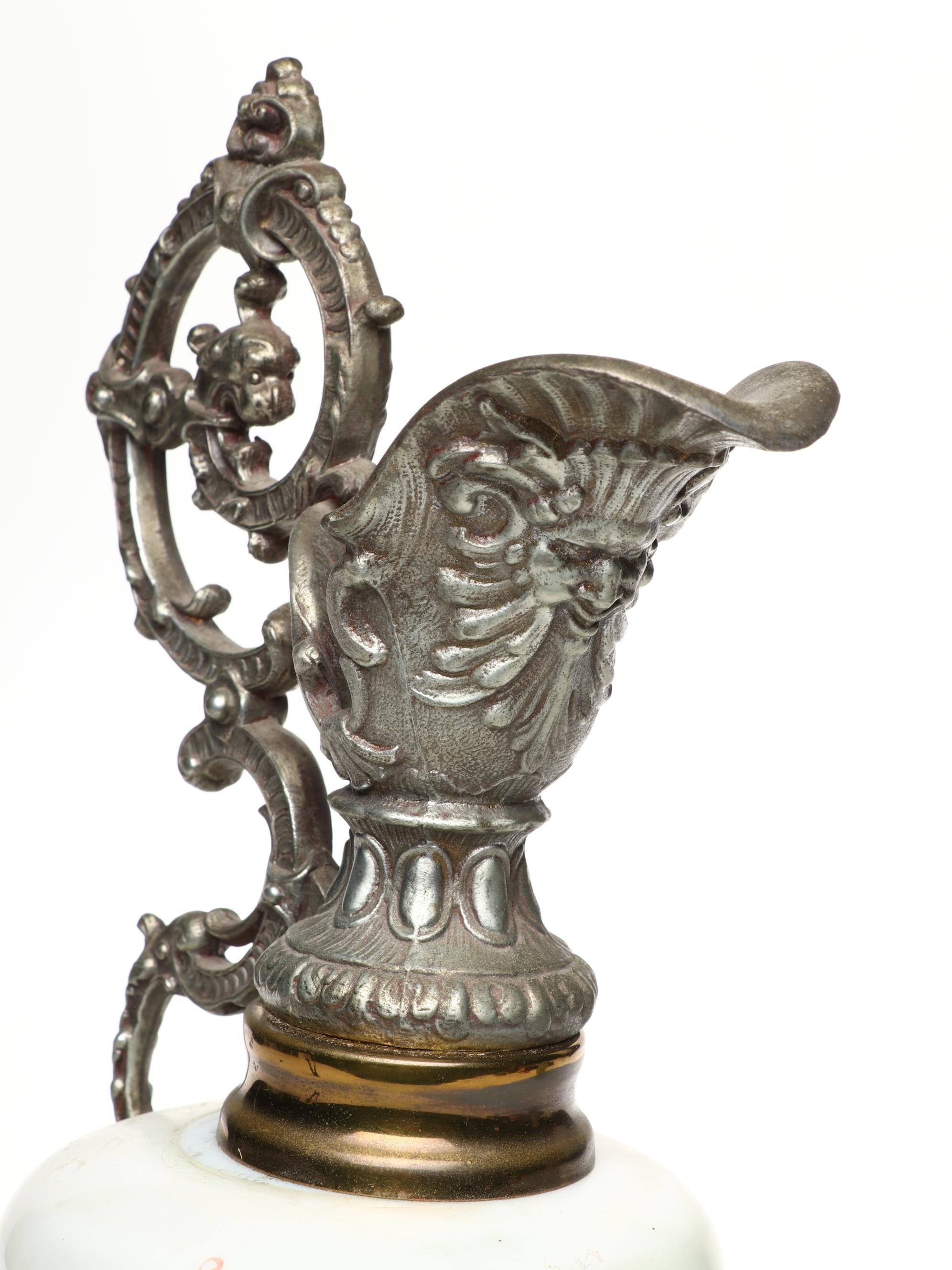 Victorian Ceramic and Metal Mantel Ewer with Celadon Jar and Dragon Candlestick