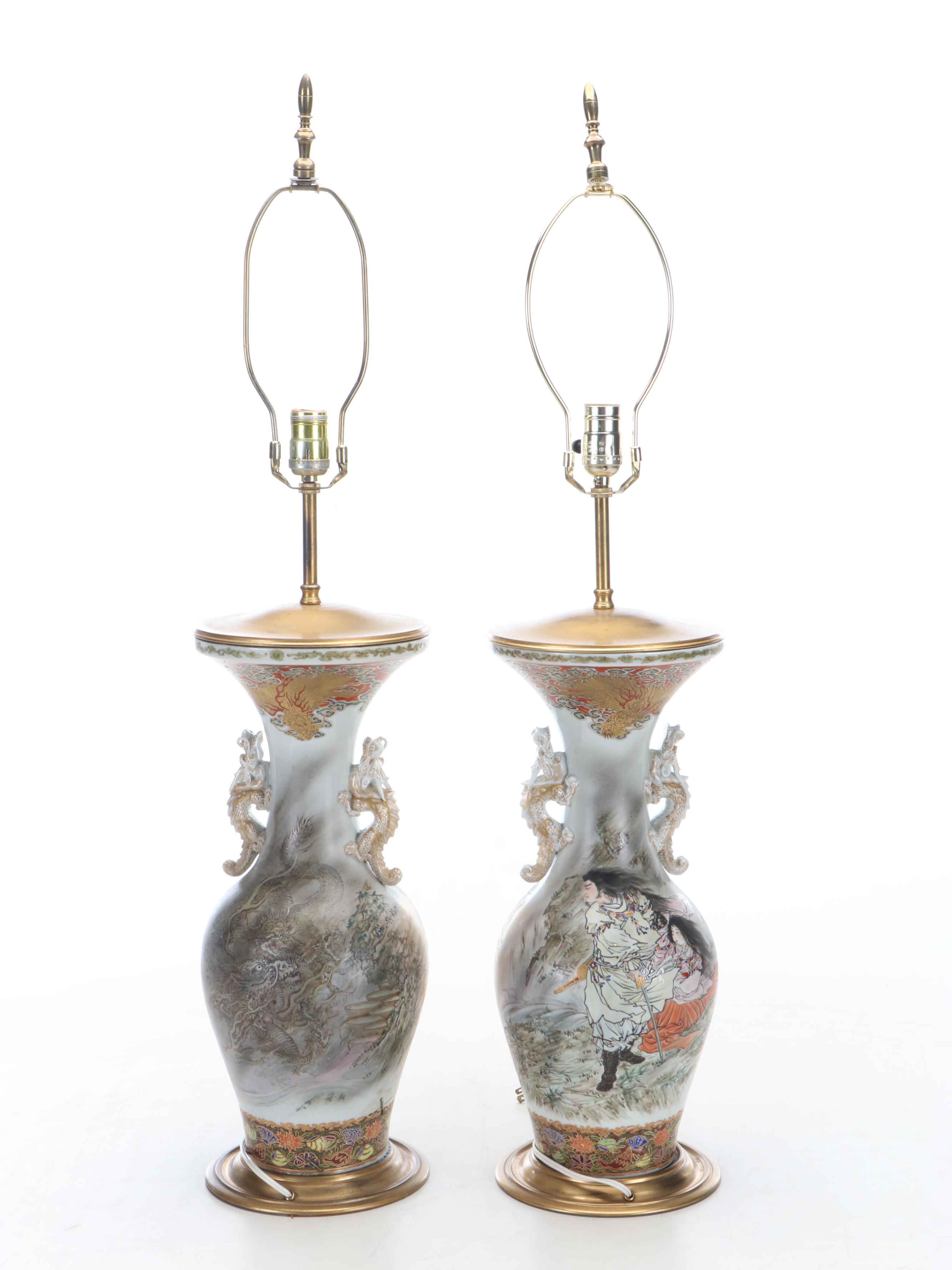 Japanese Satsuma Porcelain Vase Lamps with Scenes From Folk Tales