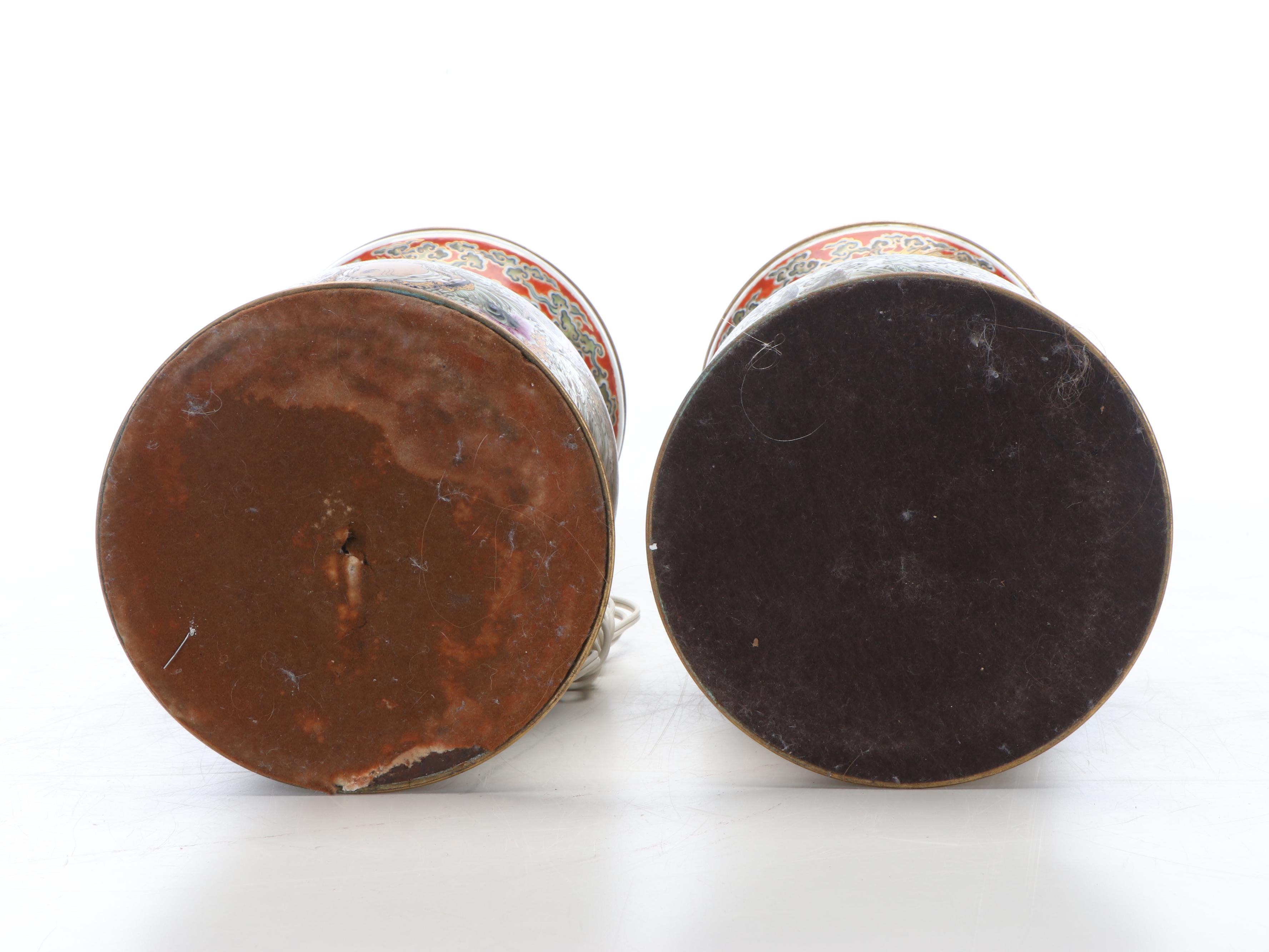 Japanese Satsuma Porcelain Vase Lamps with Scenes From Folk Tales