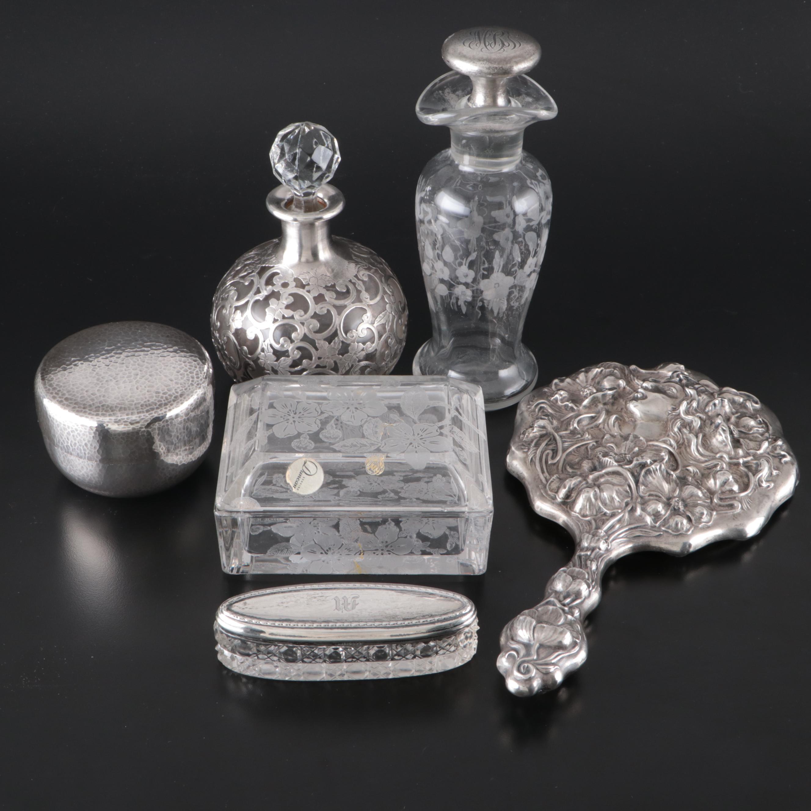 Japanese Fine Silver Hammered Bowl with Sterling and Glass Vanity Accessories