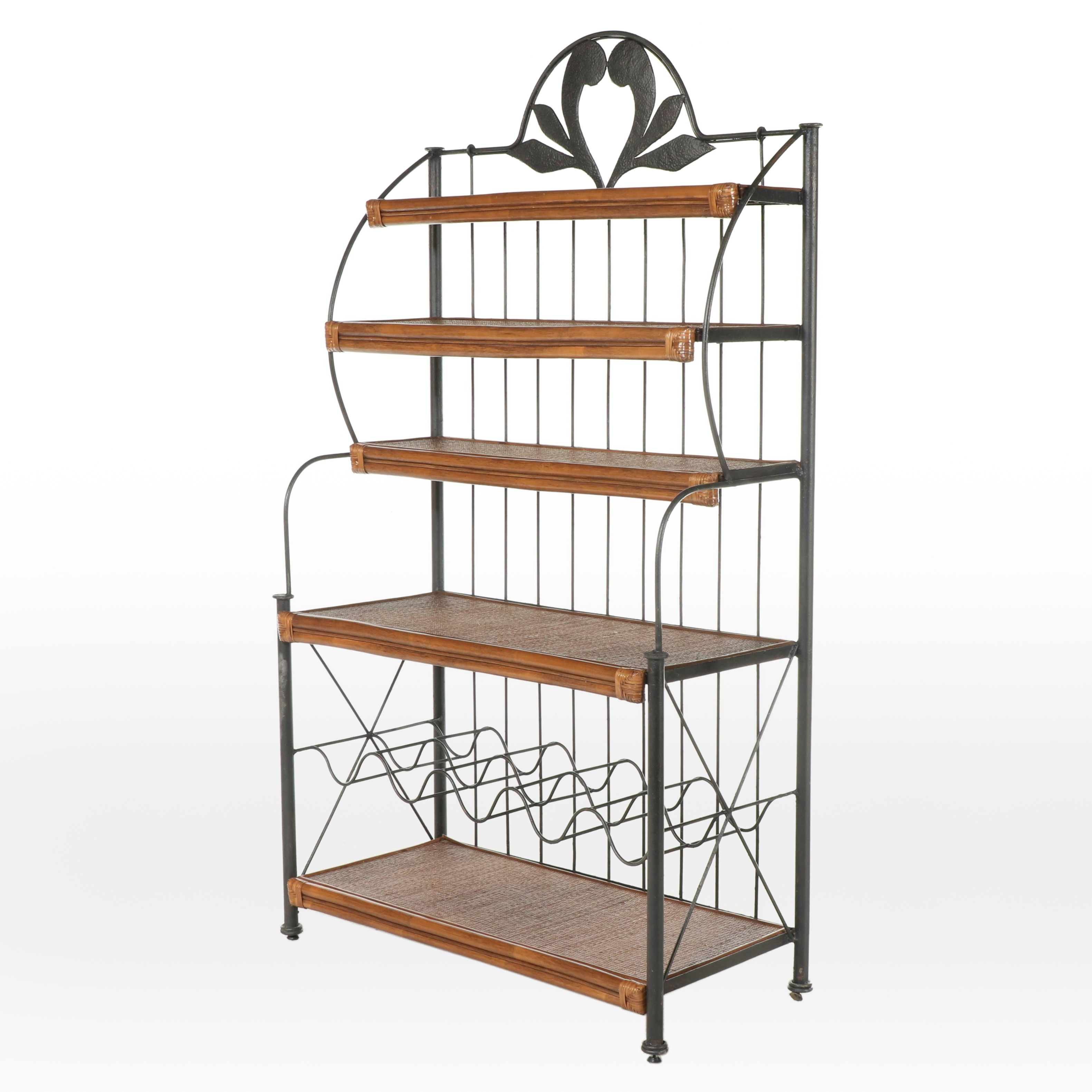 Paintated Metal and Rattan Baker's Rack with Bottle Shelf
