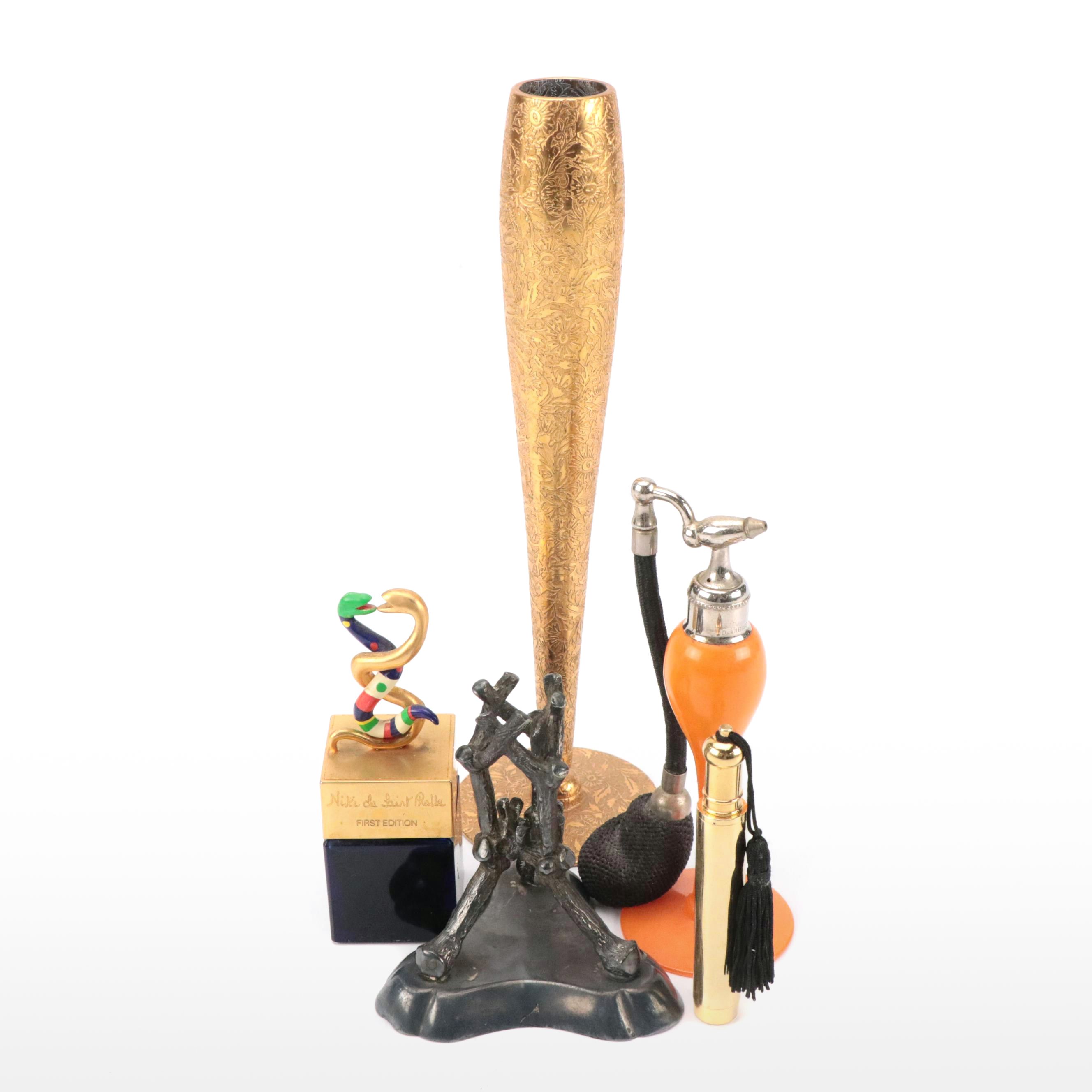 Ransgil Gold Overlay and Glass Bud Vase with Perfume Bottles