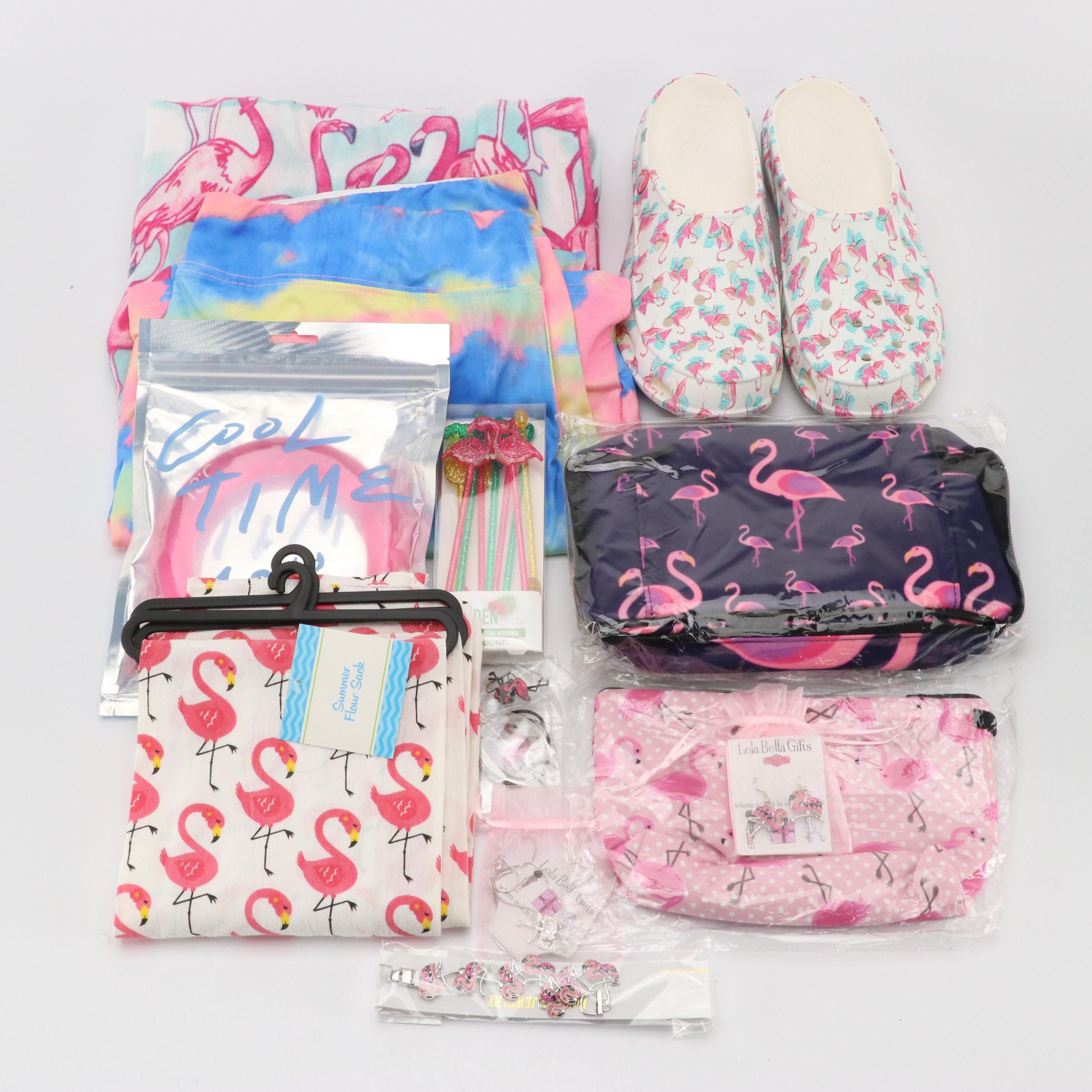 Flamingo Printed Crocs, Lula Roe Cardigan, Zip Pouches, Jewelry and More