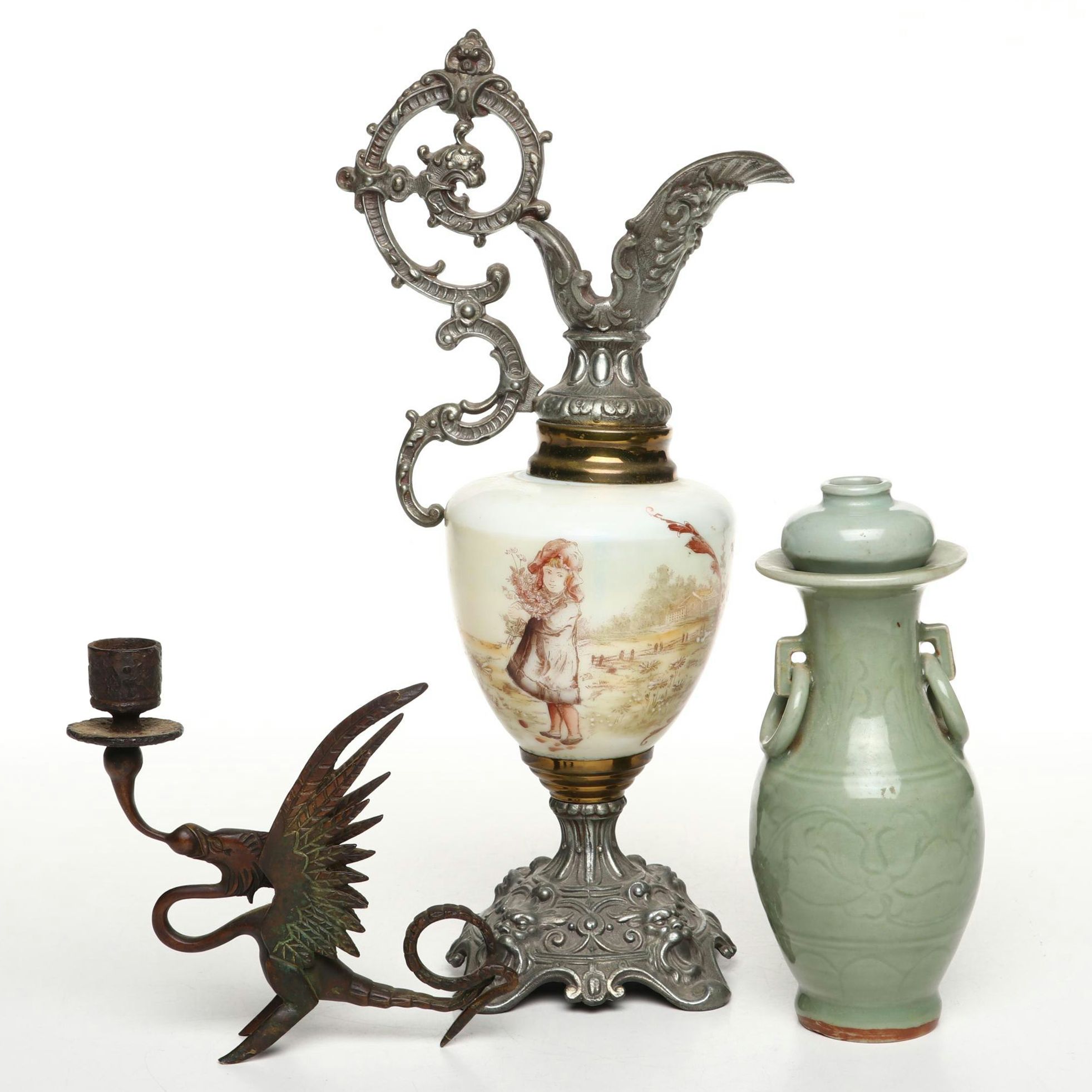 Victorian Ceramic and Metal Mantel Ewer with Celadon Jar and Dragon Candlestick