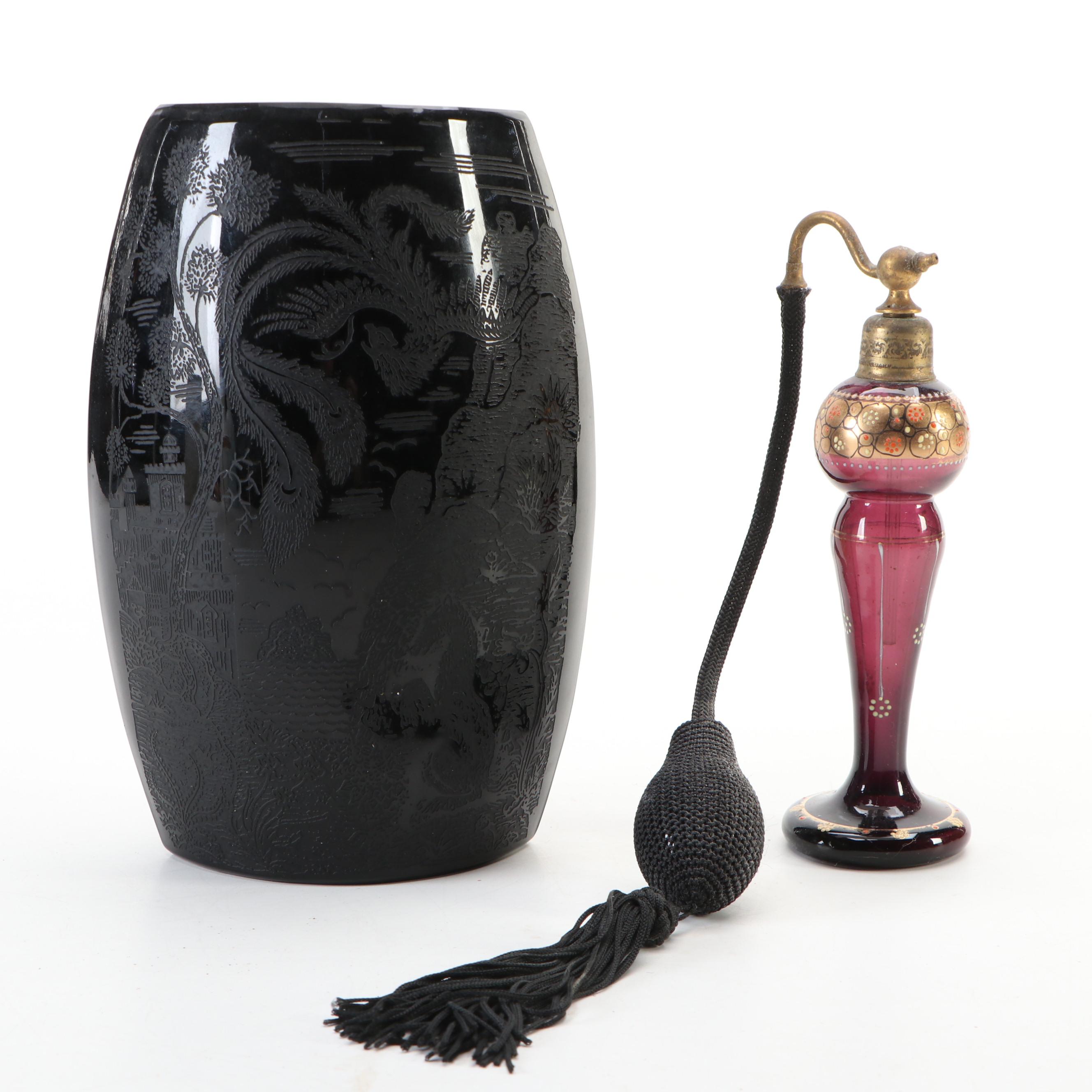 Paden City Ebony "Lela Bird" Vase with Bud Vases and Various Perfume Bottles