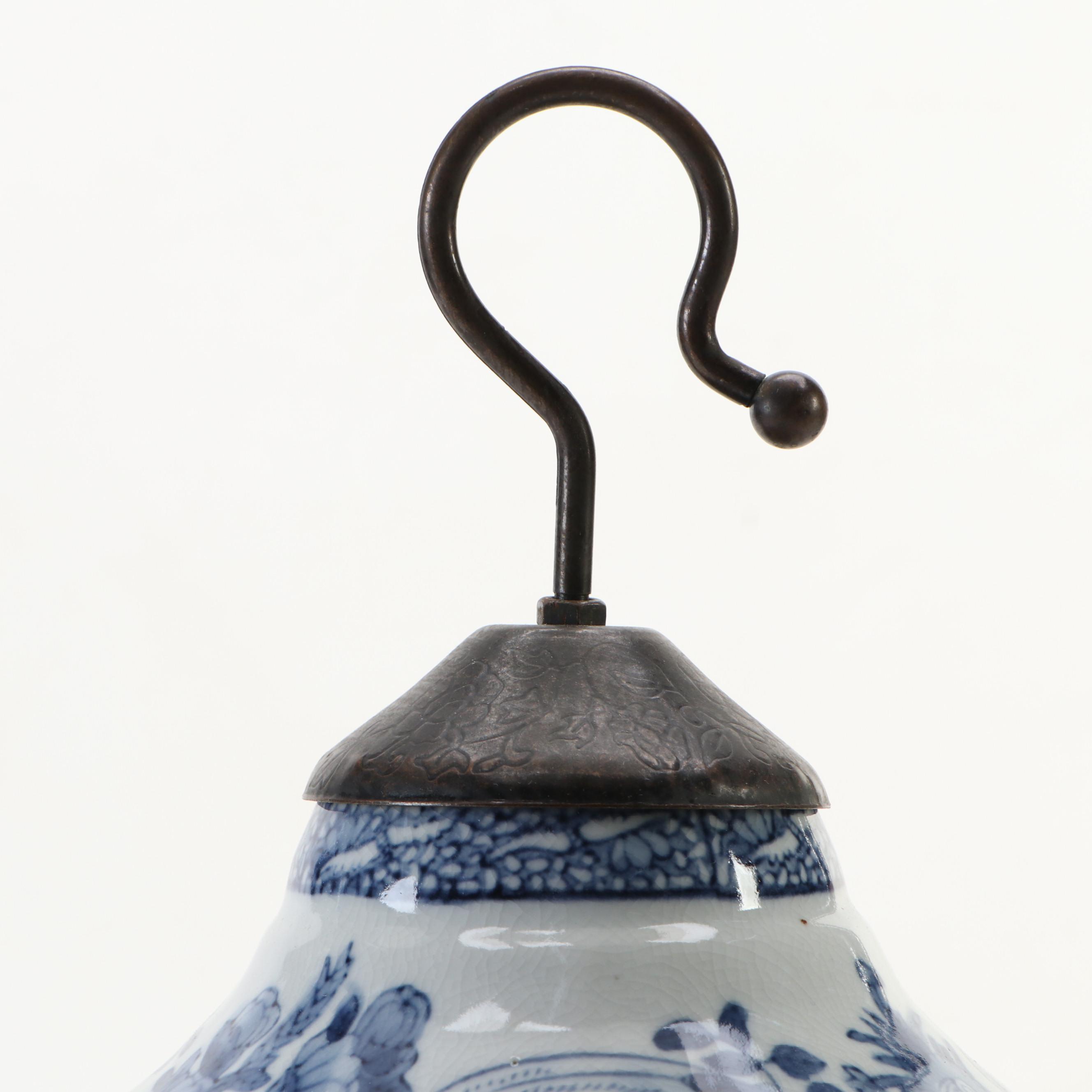 Chinese Blue and White Hanging Bird Feeder with Decorative Obelisk