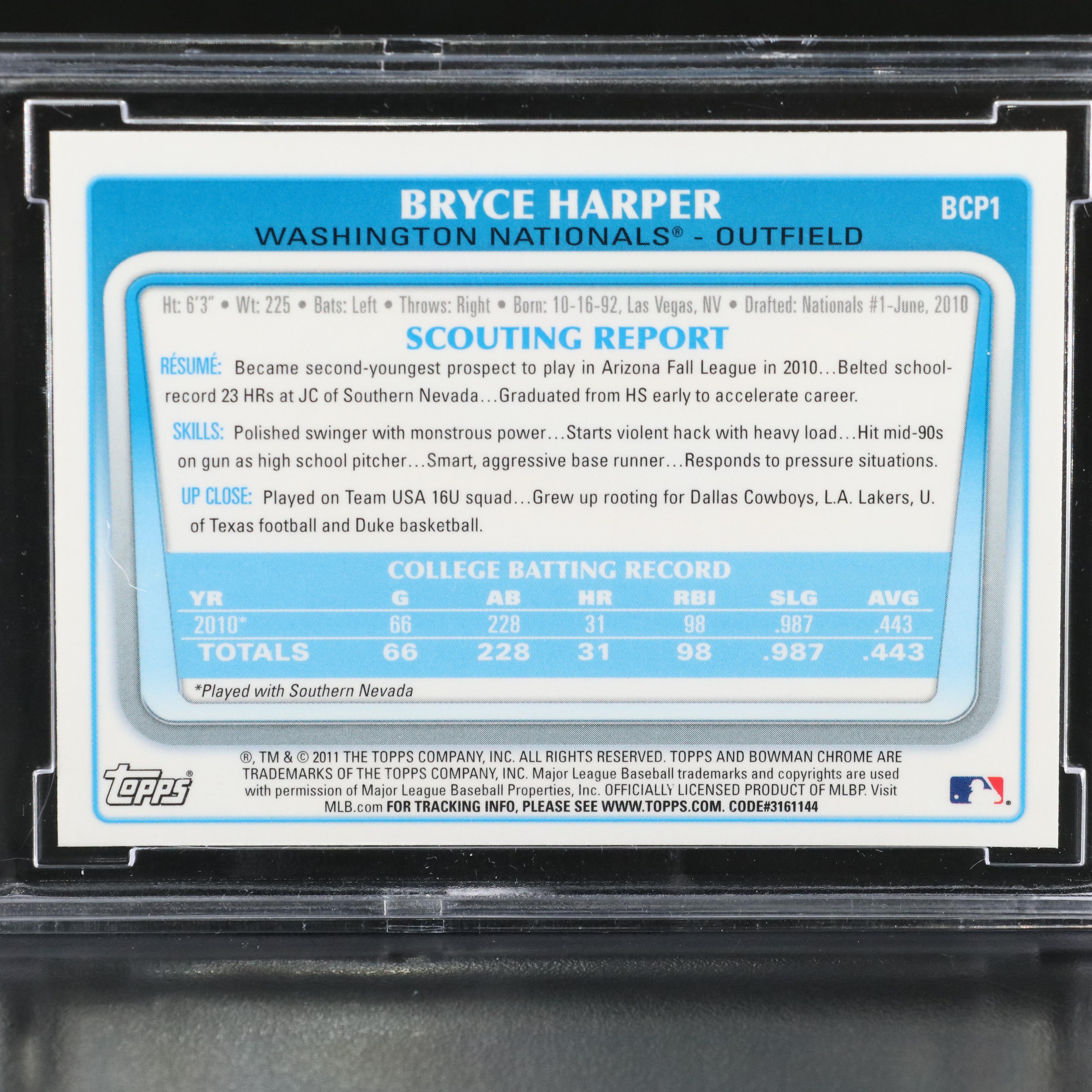 2011 Bowman Chrome Prospects Bryce Harper Baseball Card Graded BCCG 10