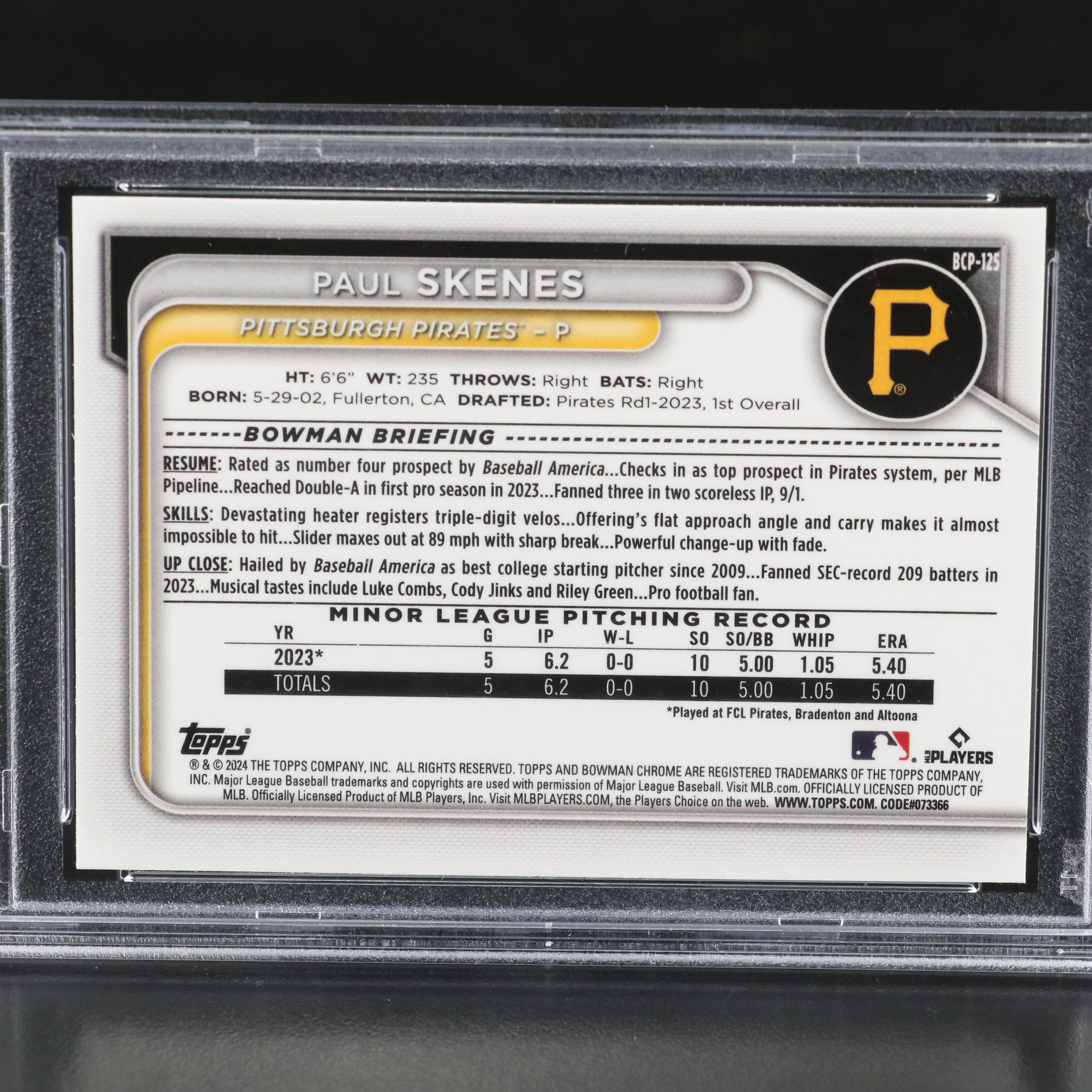 2024 Bowman Chrome Paul Skenes Mega Box Refractor Prospect Card Graded PSA 10