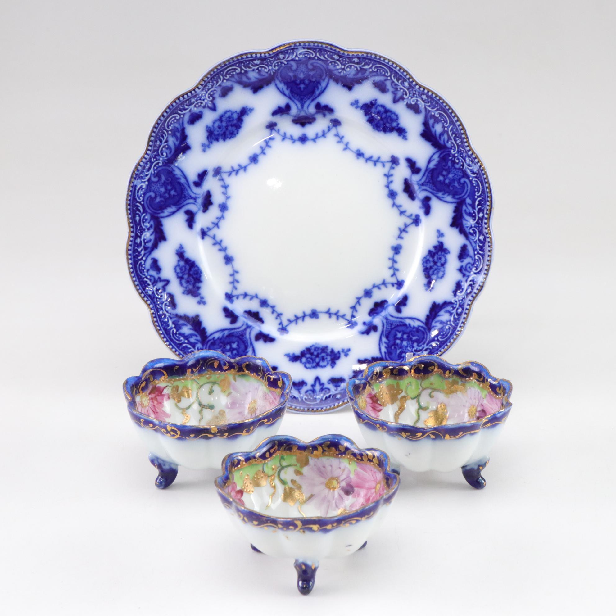 Hand-Painted Porcelain Salt Cellars & Decorative Plate