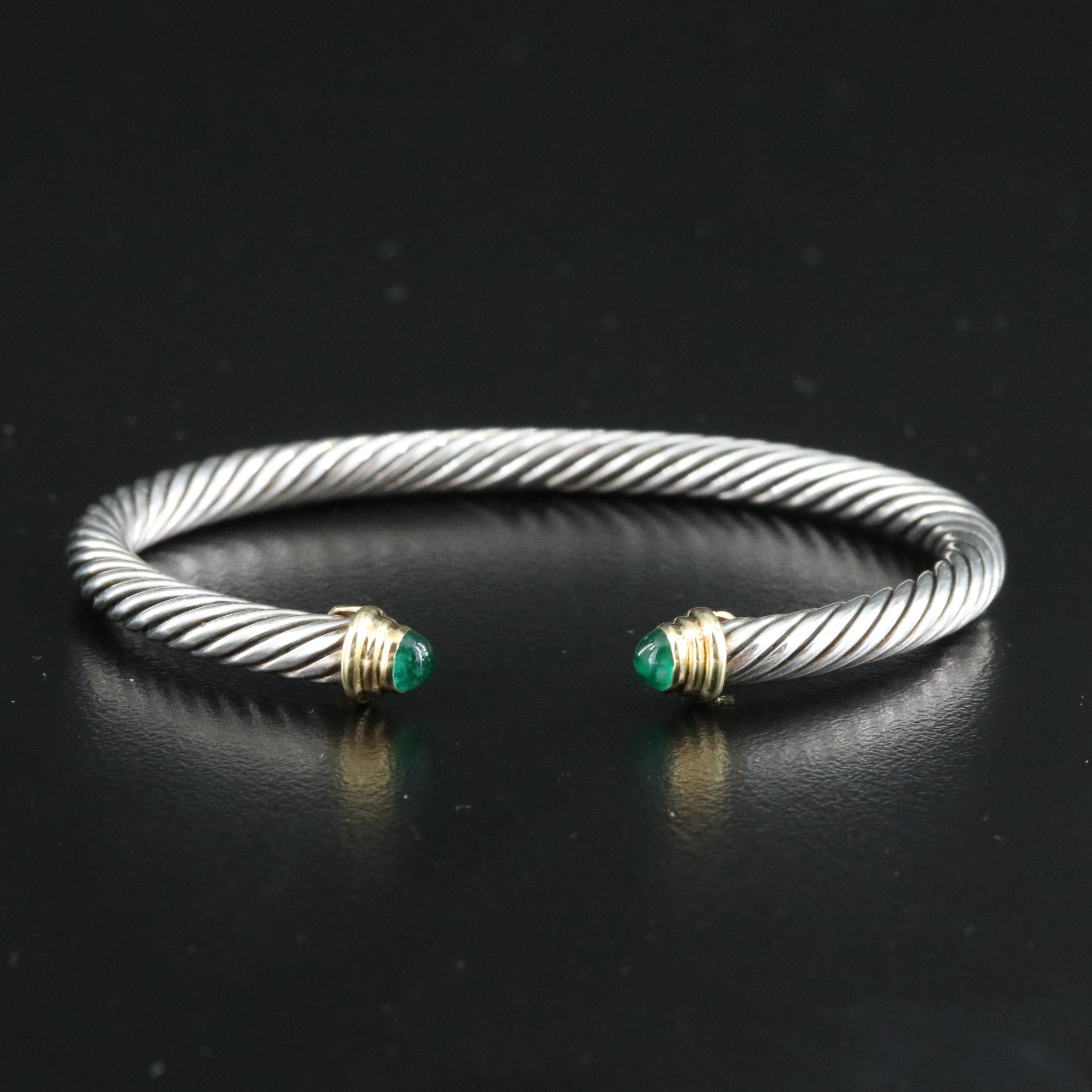 David Yurman Sterling Cable Classic Cuff Bracelet with 18K and Emerald Terminals