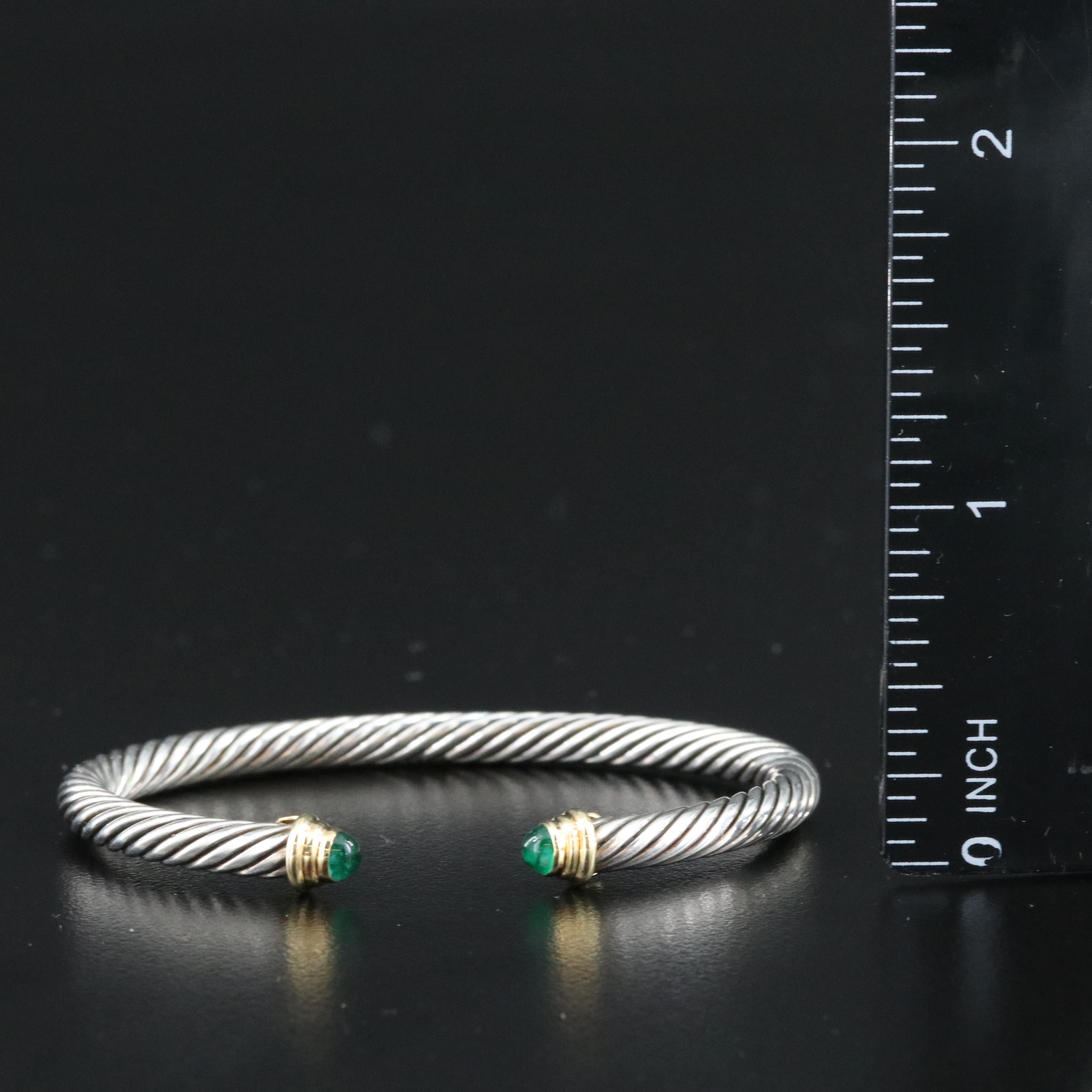 David Yurman Sterling Cable Classic Cuff Bracelet with 18K and Emerald Terminals