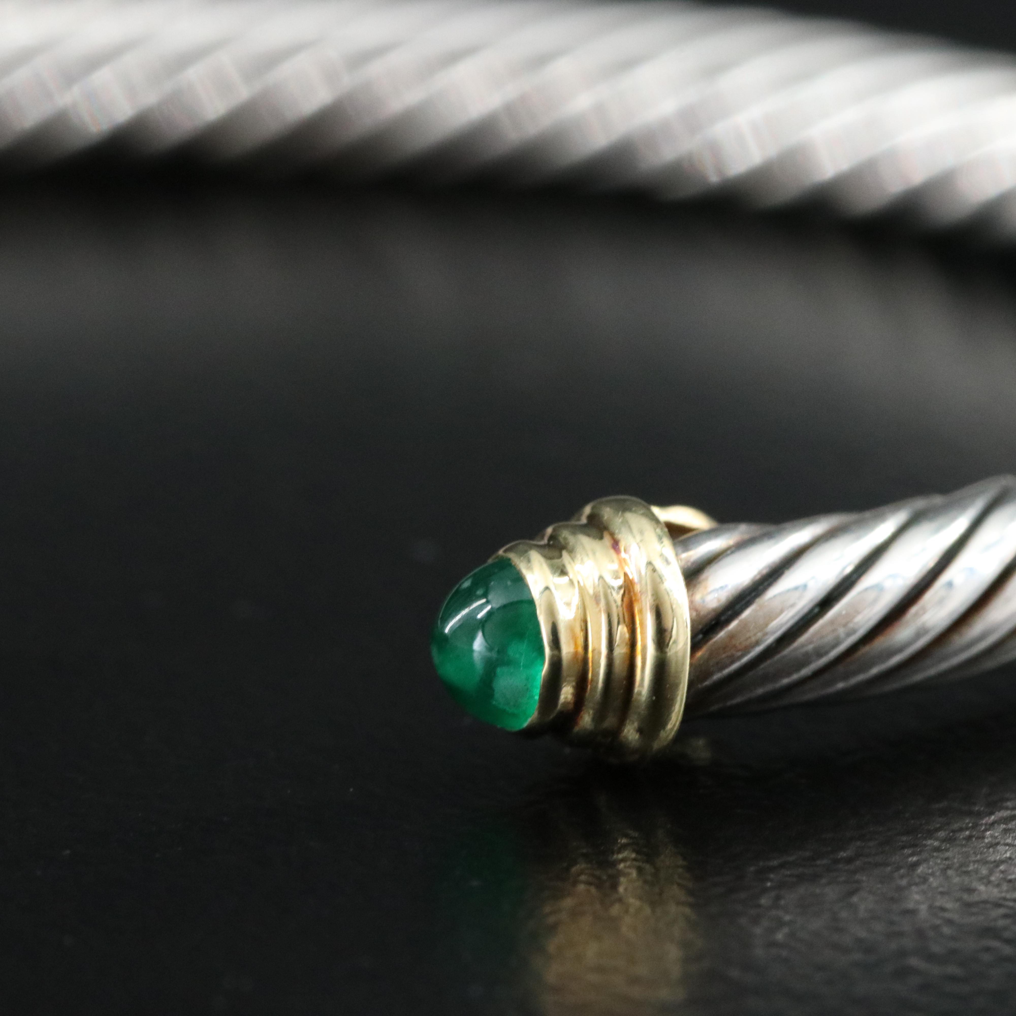 David Yurman Sterling Cable Classic Cuff Bracelet with 18K and Emerald Terminals