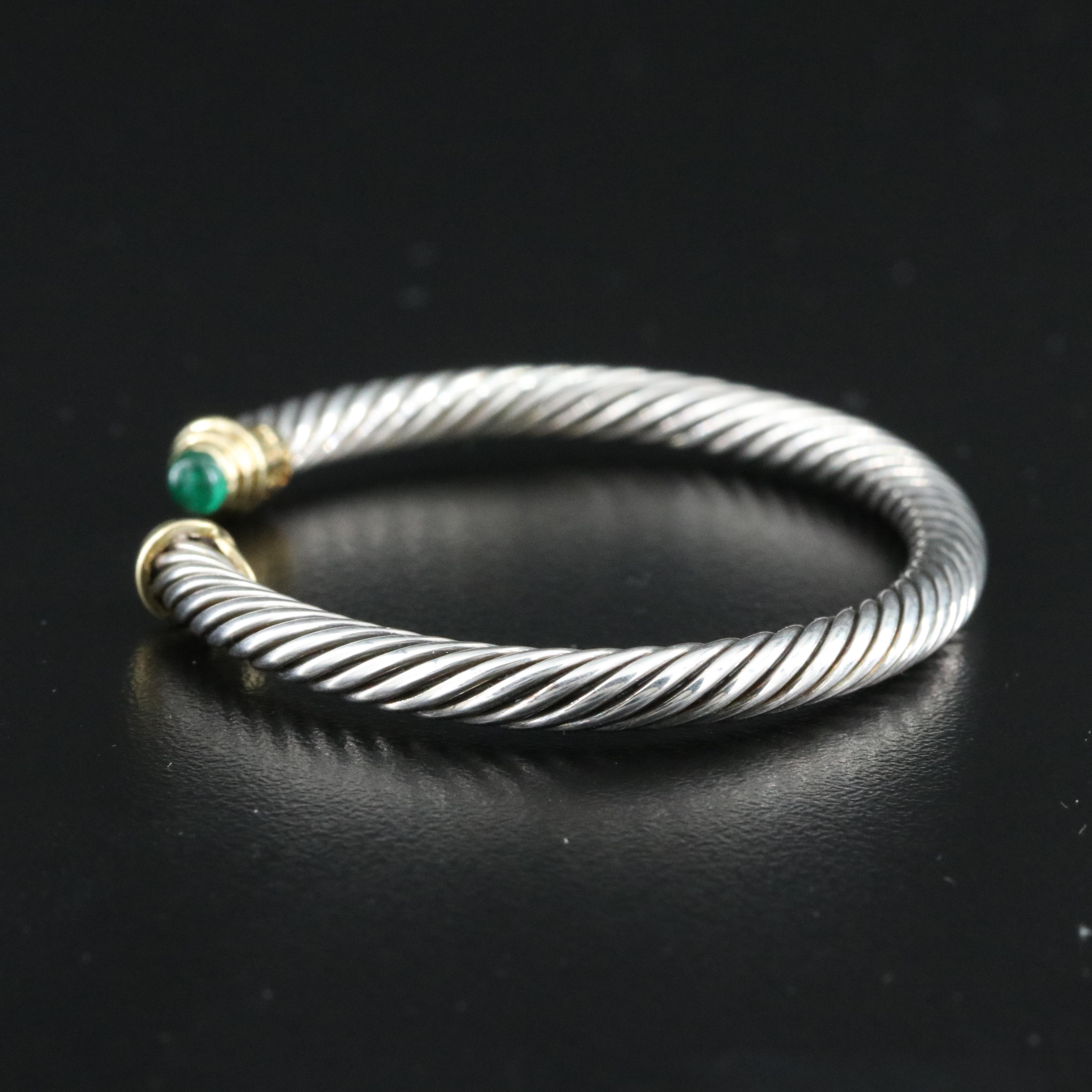 David Yurman Sterling Cable Classic Cuff Bracelet with 18K and Emerald Terminals