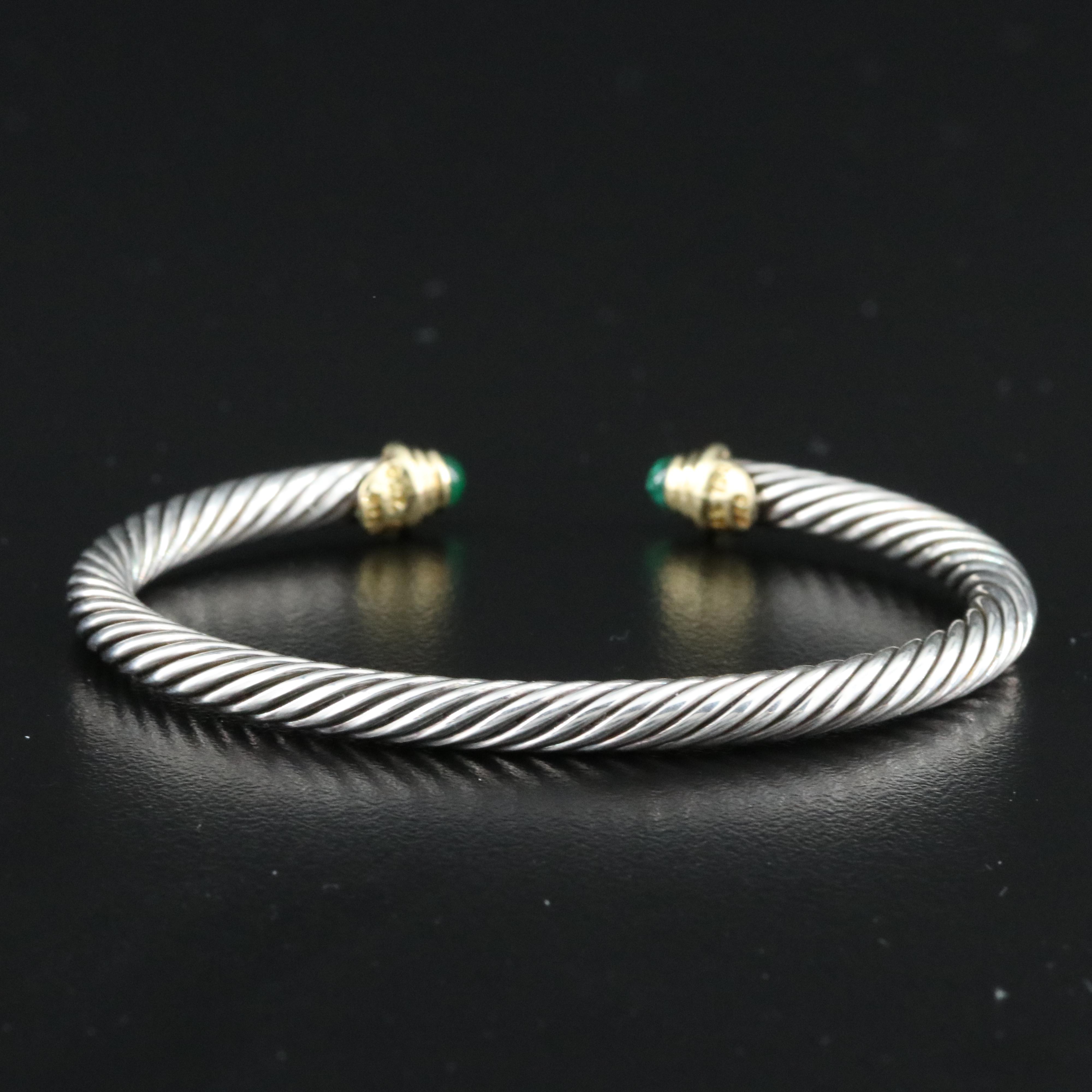 David Yurman Sterling Cable Classic Cuff Bracelet with 18K and Emerald Terminals