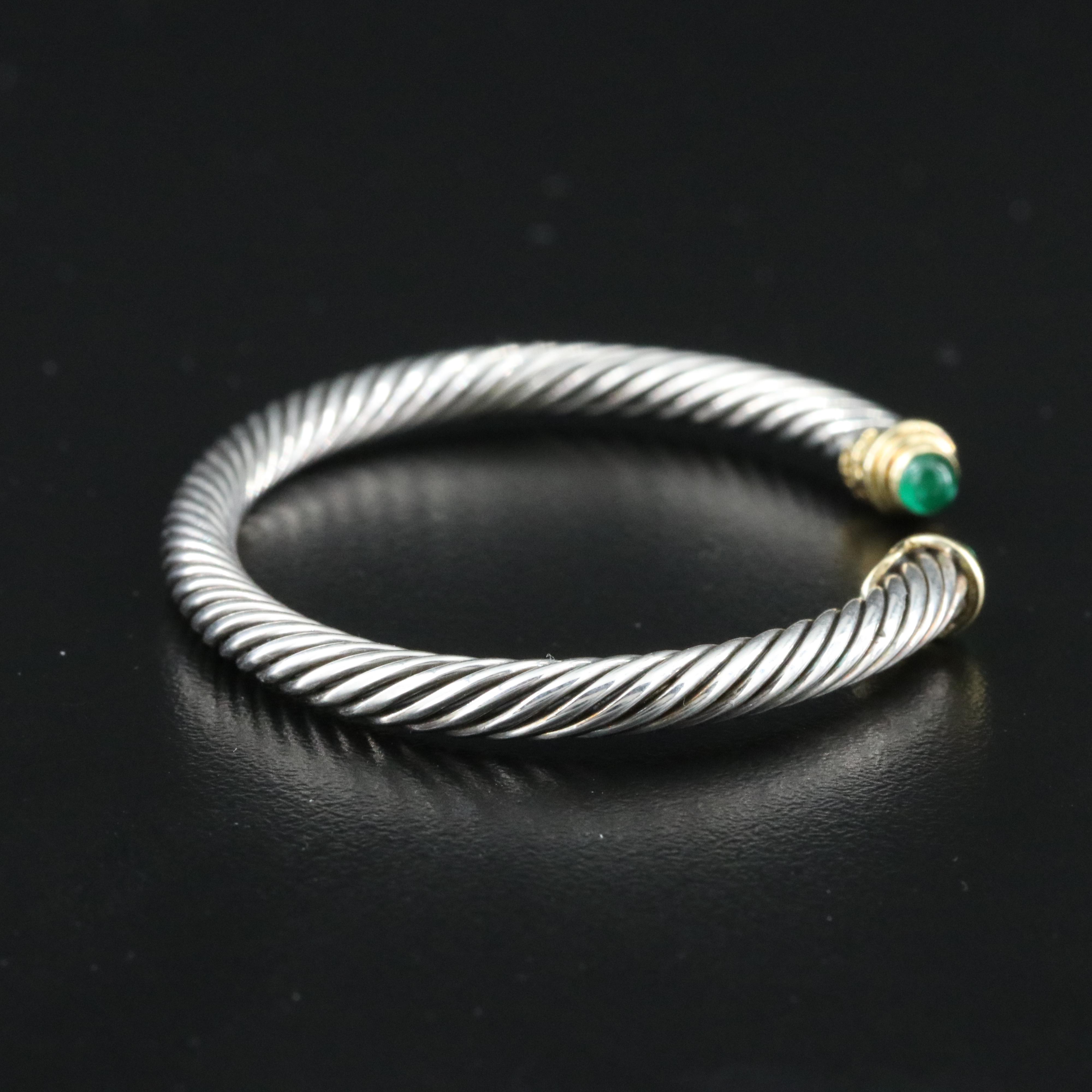 David Yurman Sterling Cable Classic Cuff Bracelet with 18K and Emerald Terminals