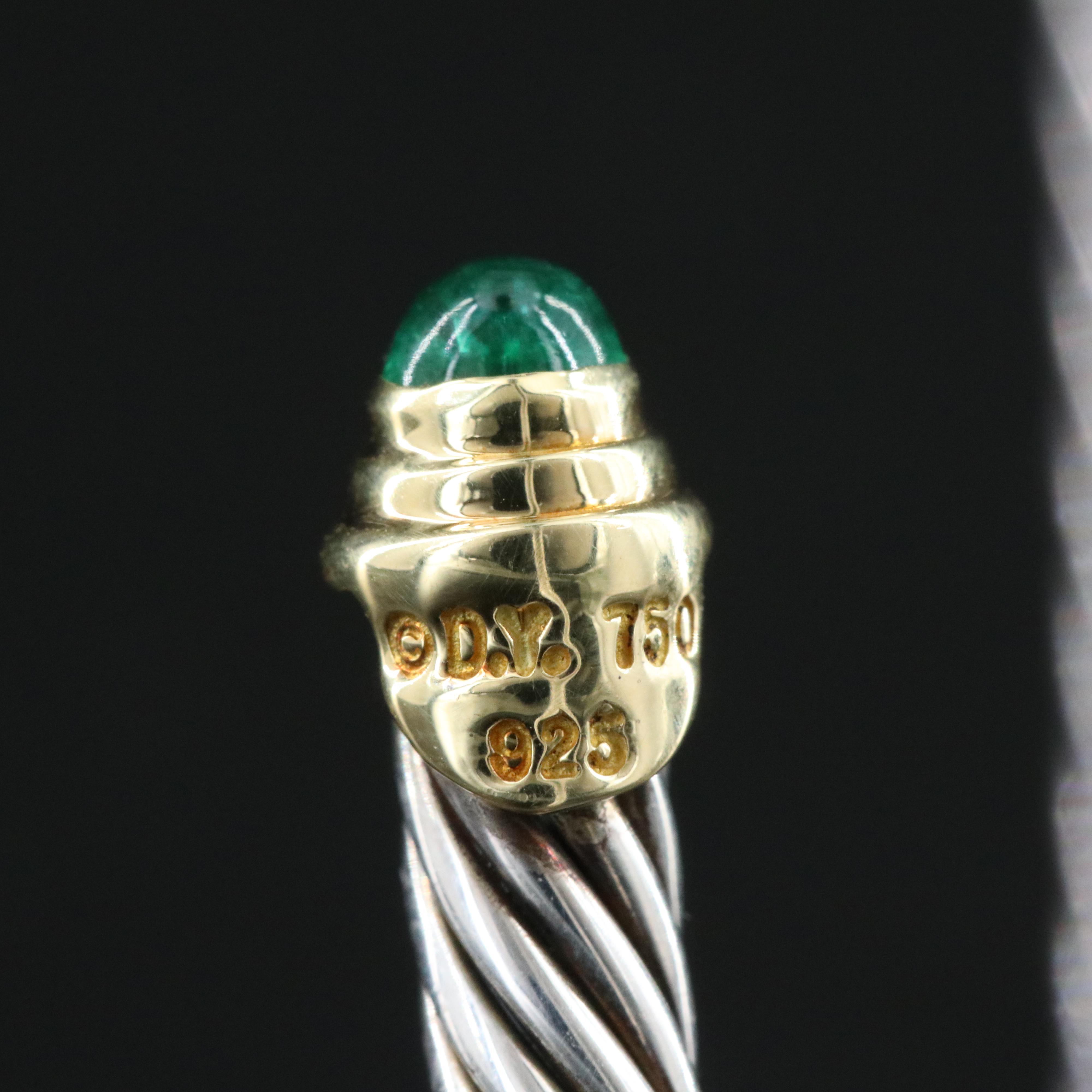 David Yurman Sterling Cable Classic Cuff Bracelet with 18K and Emerald Terminals
