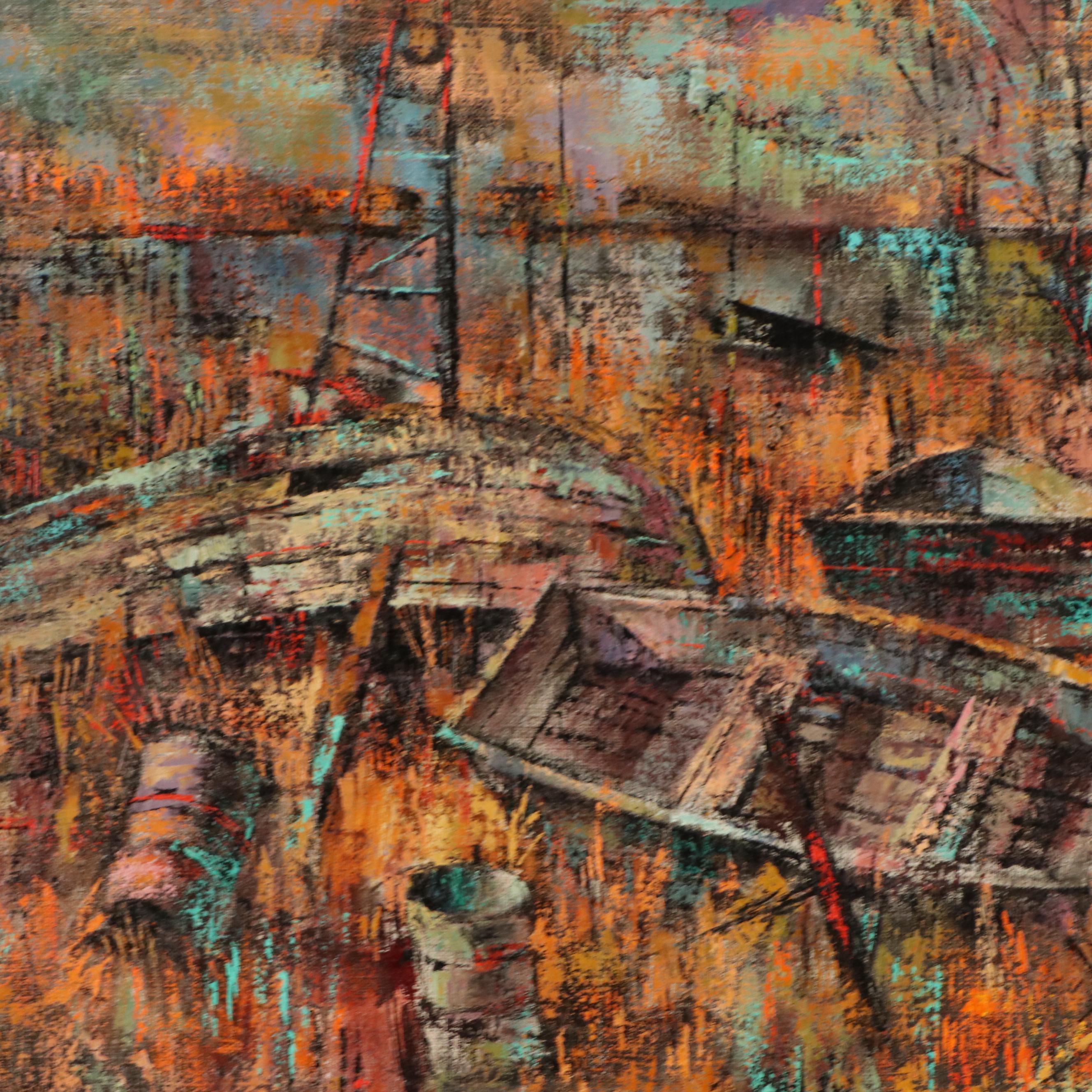 B. Warren Allin Stylized Oil Painting "Boats," Late 20th Century