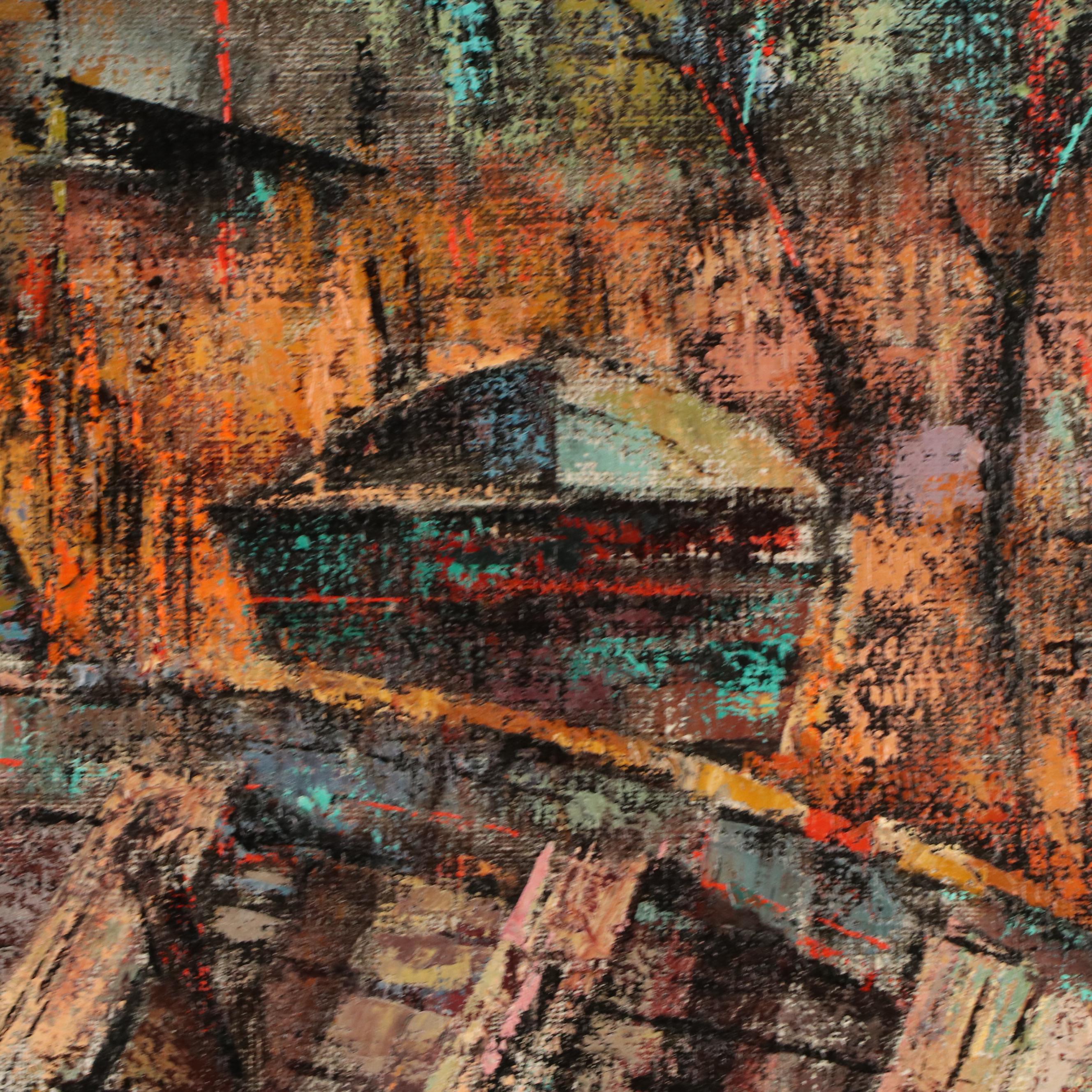 B. Warren Allin Stylized Oil Painting "Boats," Late 20th Century