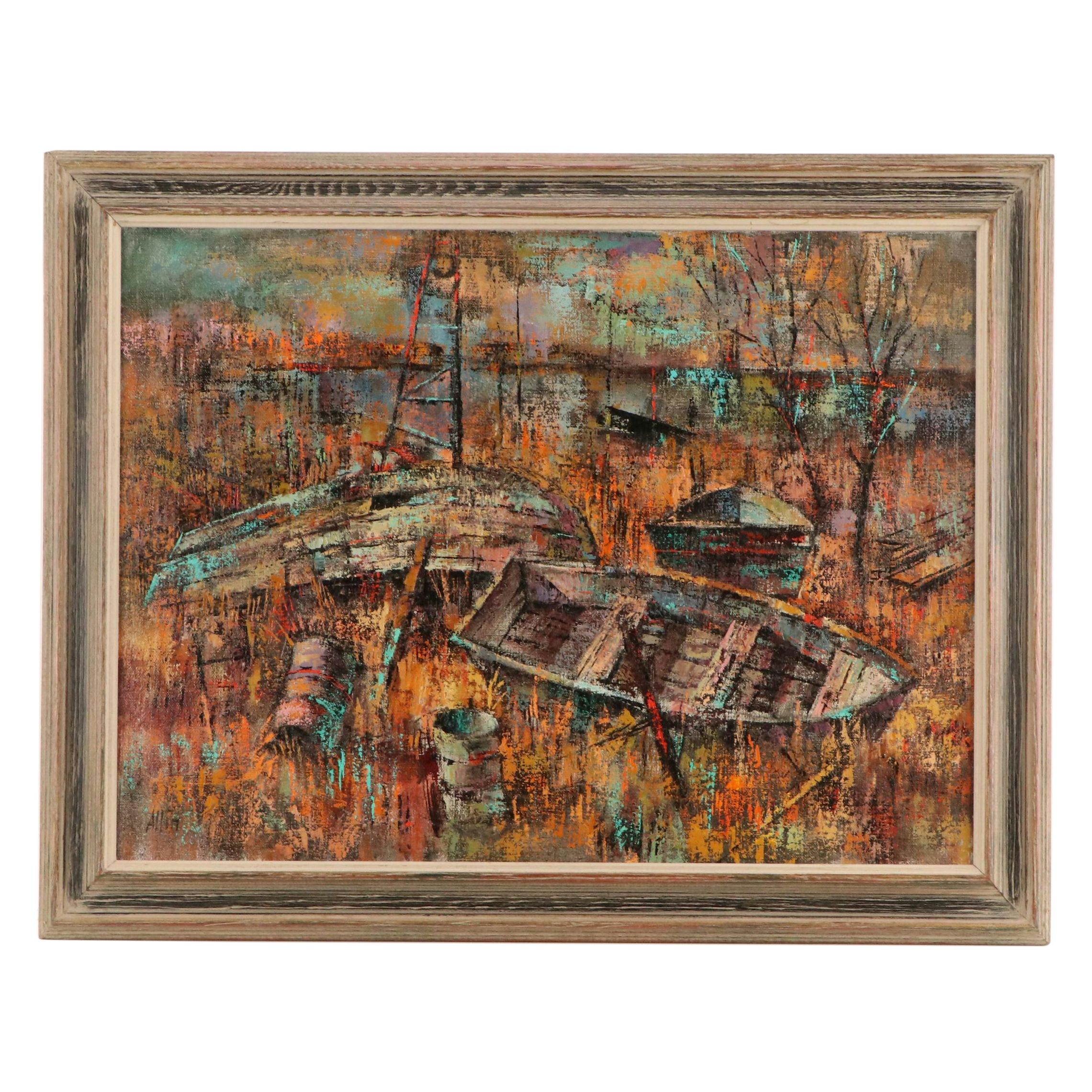B. Warren Allin Stylized Oil Painting "Boats," Late 20th Century