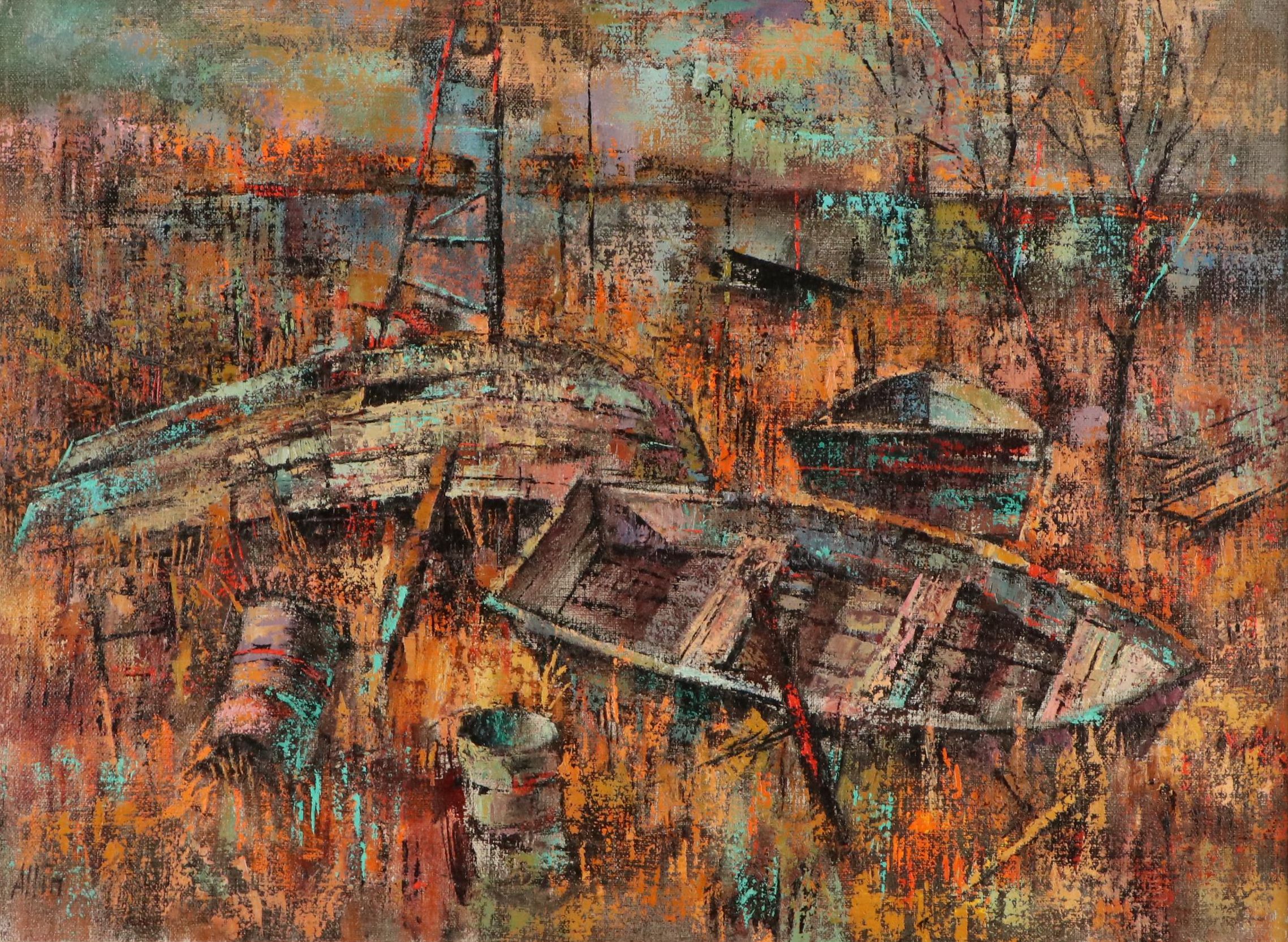B. Warren Allin Stylized Oil Painting "Boats," Late 20th Century