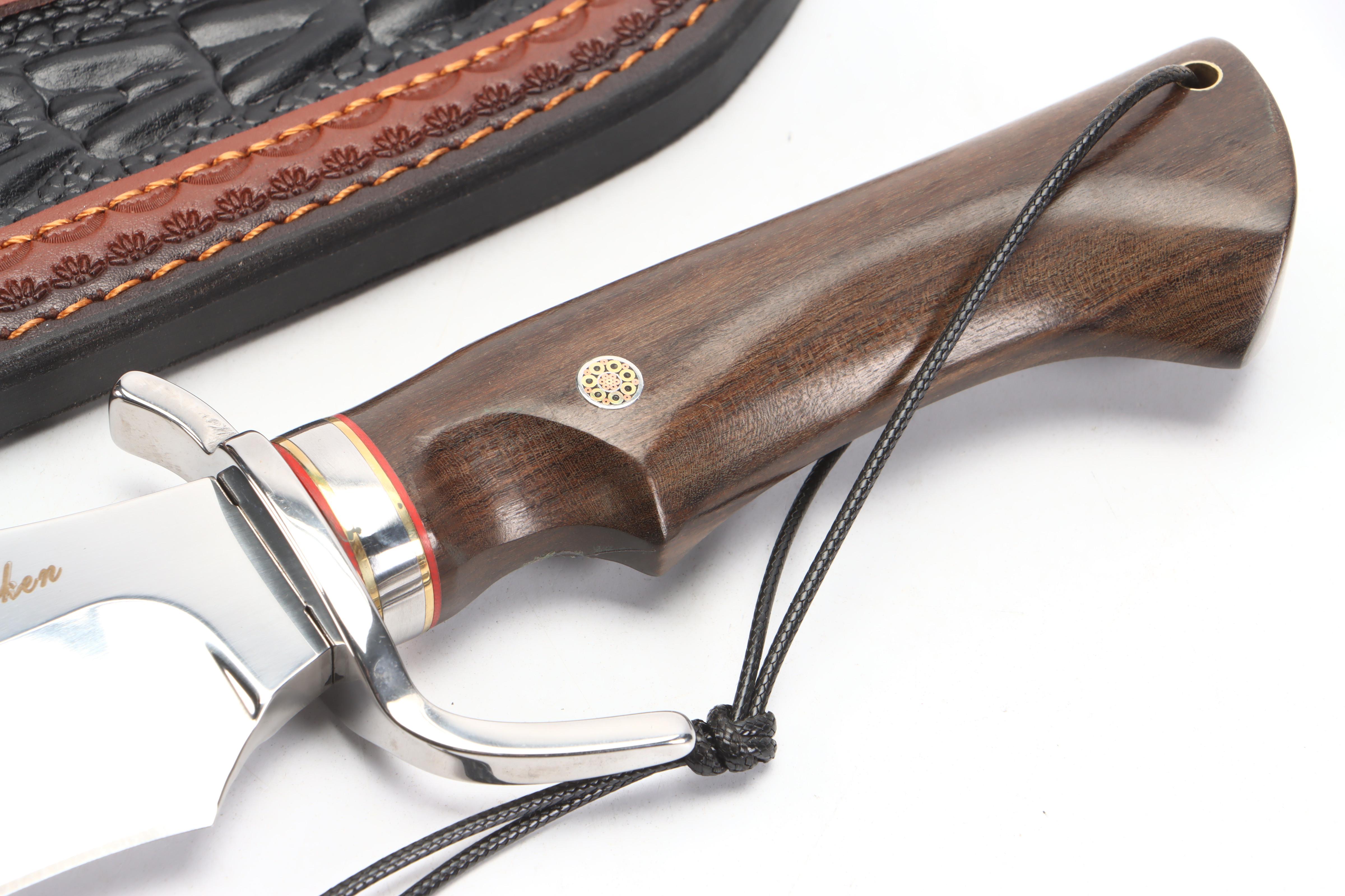 Stainless Steel and Wooden Handled Camping Bowie Knife in Leather Scabbard