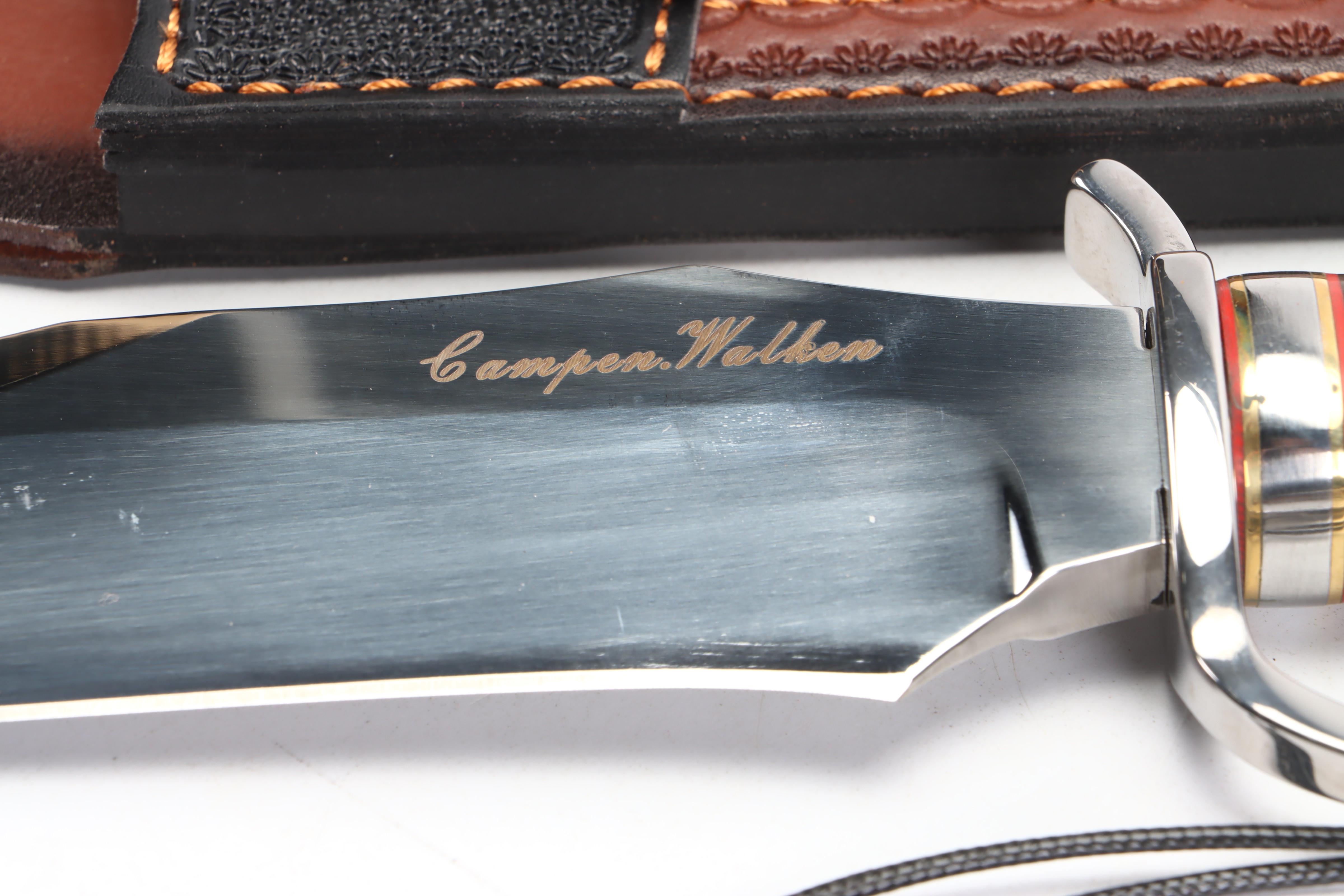 Stainless Steel and Wooden Handled Camping Bowie Knife in Leather Scabbard