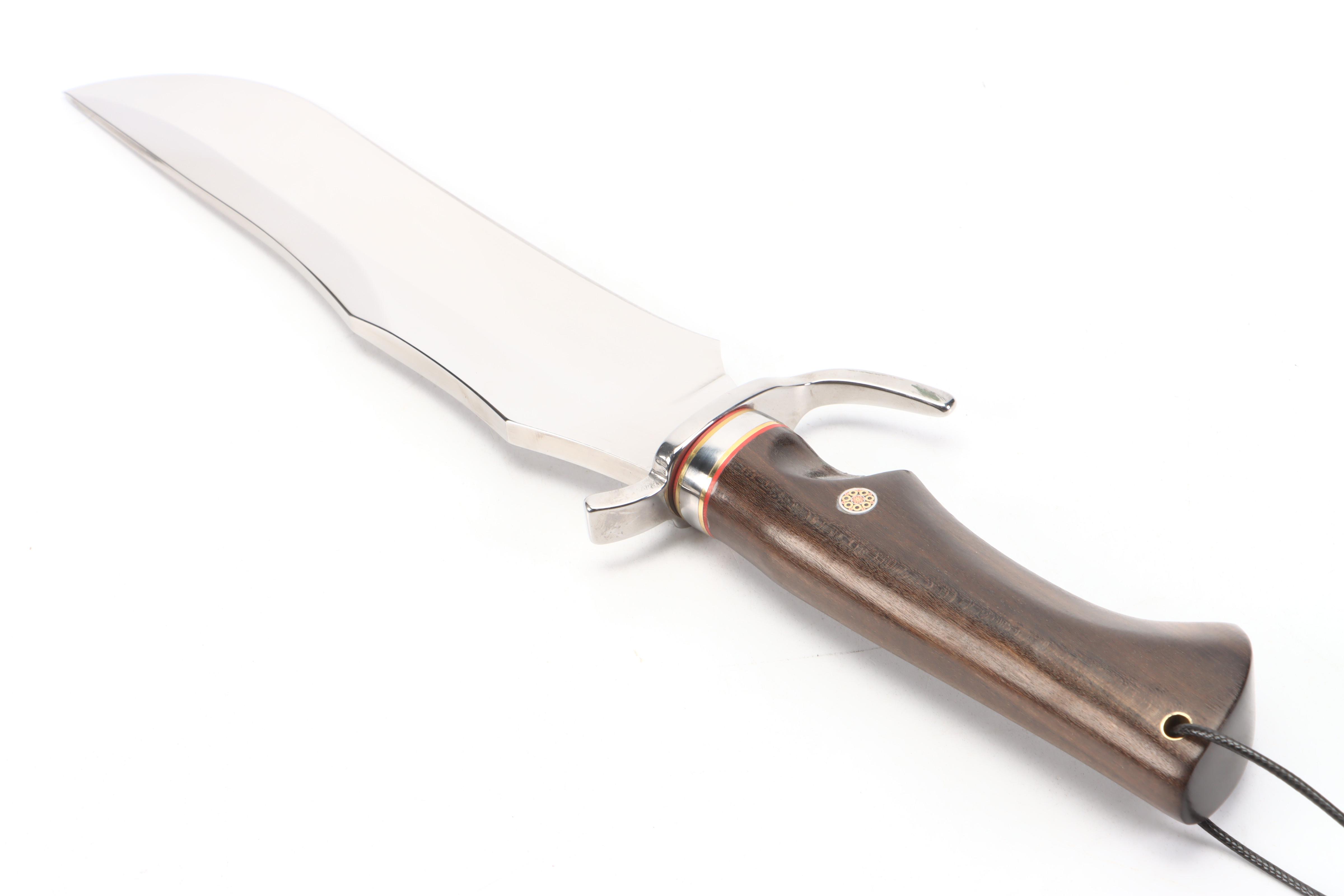 Stainless Steel and Wooden Handled Camping Bowie Knife in Leather Scabbard
