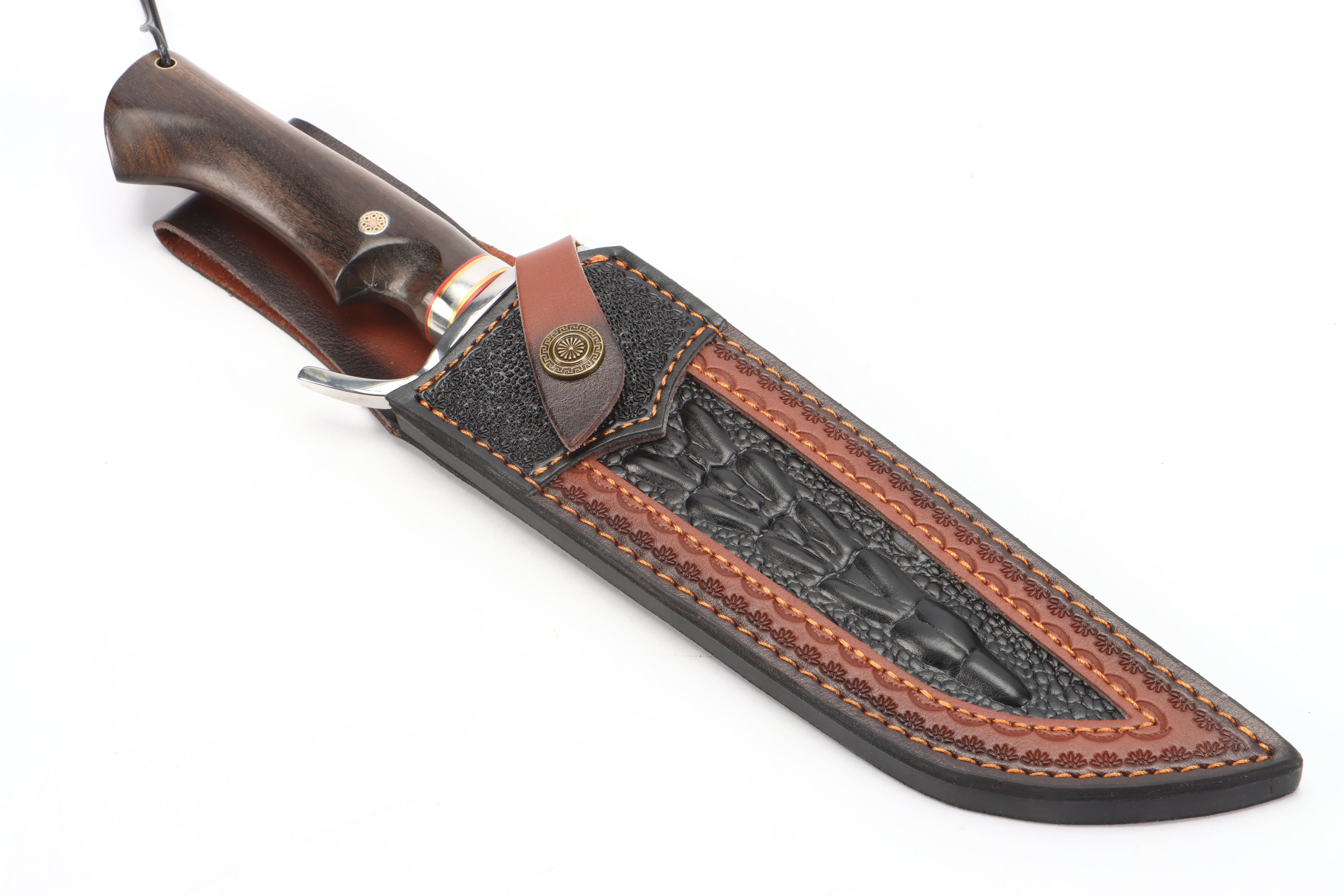Stainless Steel and Wooden Handled Camping Bowie Knife in Leather Scabbard