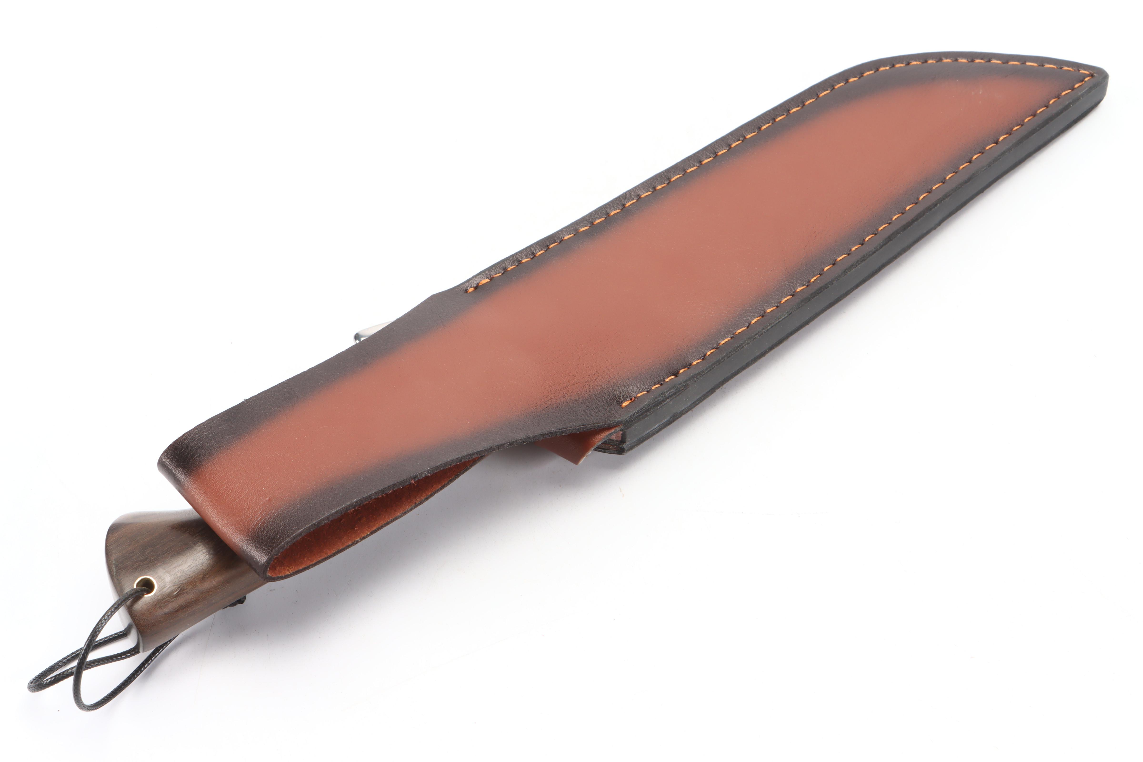 Stainless Steel and Wooden Handled Camping Bowie Knife in Leather Scabbard