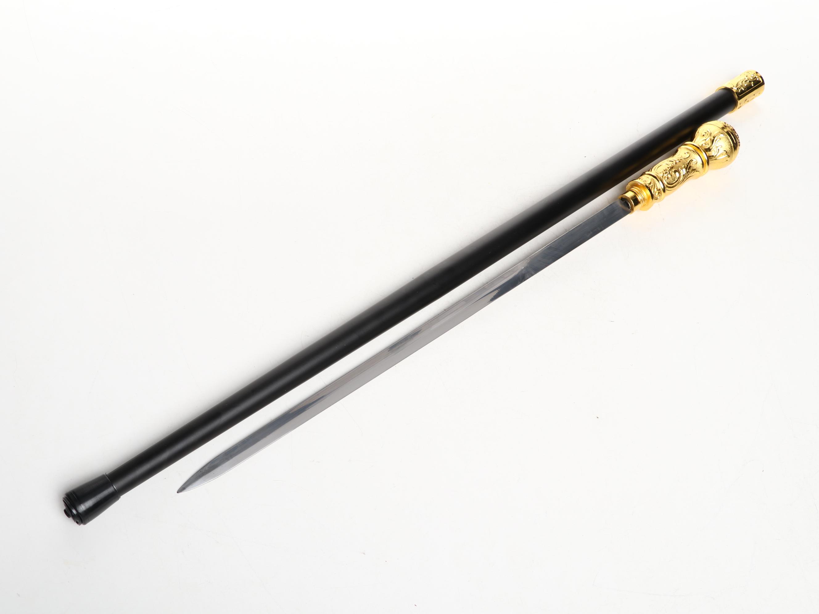 Embossed Acanthus Leaf Gold Tone Handle Sword Cane