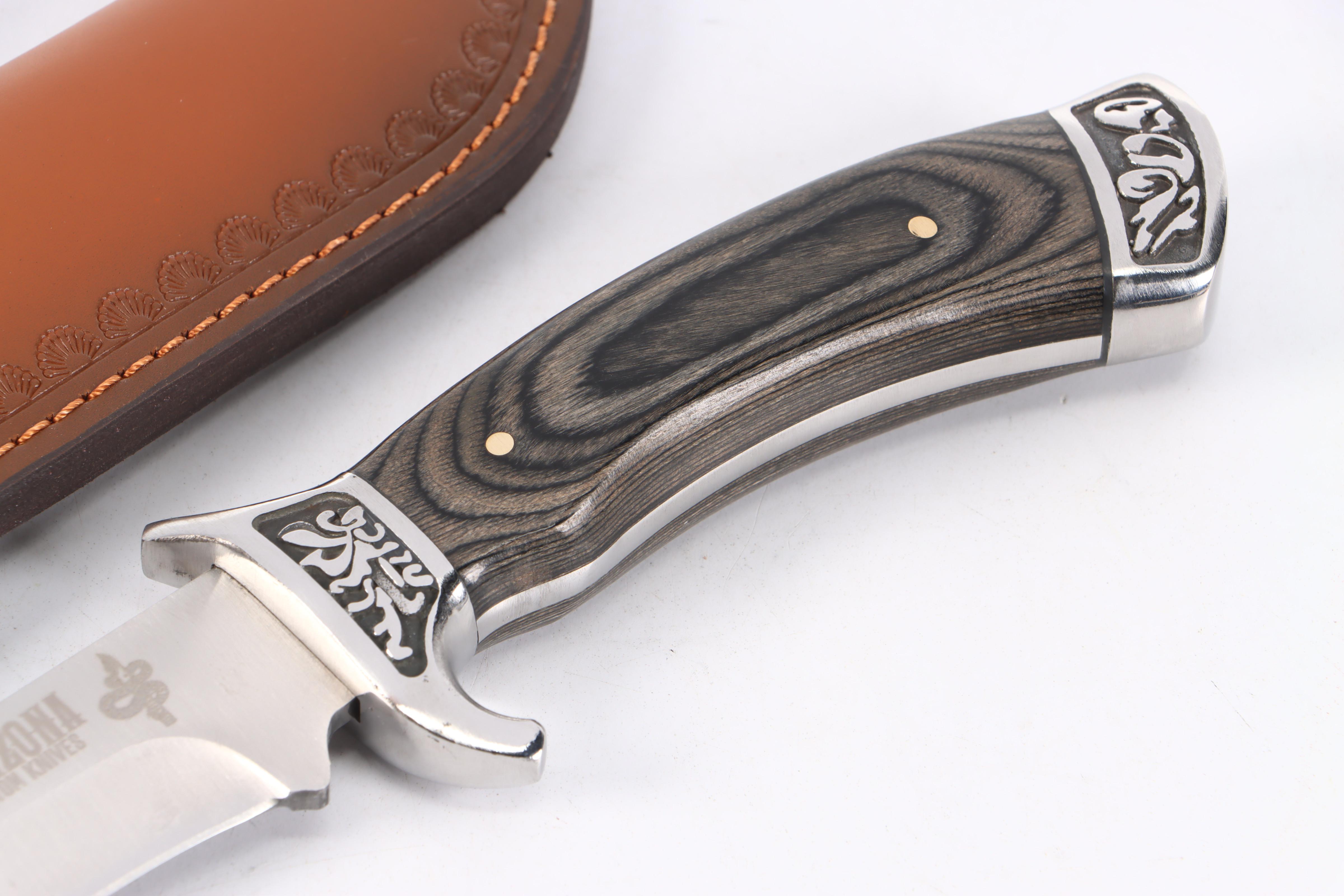 Arizona Custom Knives Black Wooden Handled Fixed Blade Knife with Scabbard