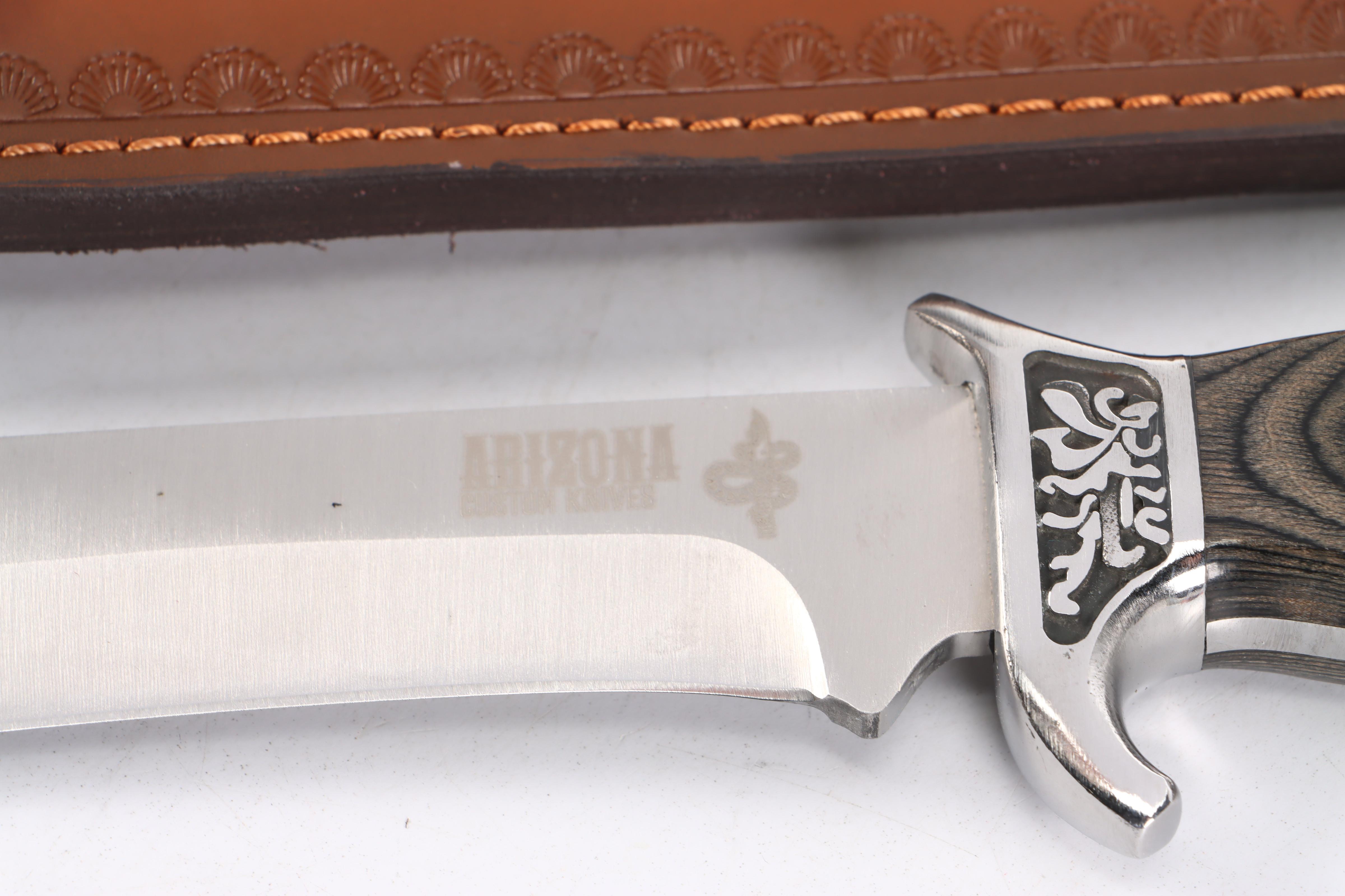 Arizona Custom Knives Black Wooden Handled Fixed Blade Knife with Scabbard