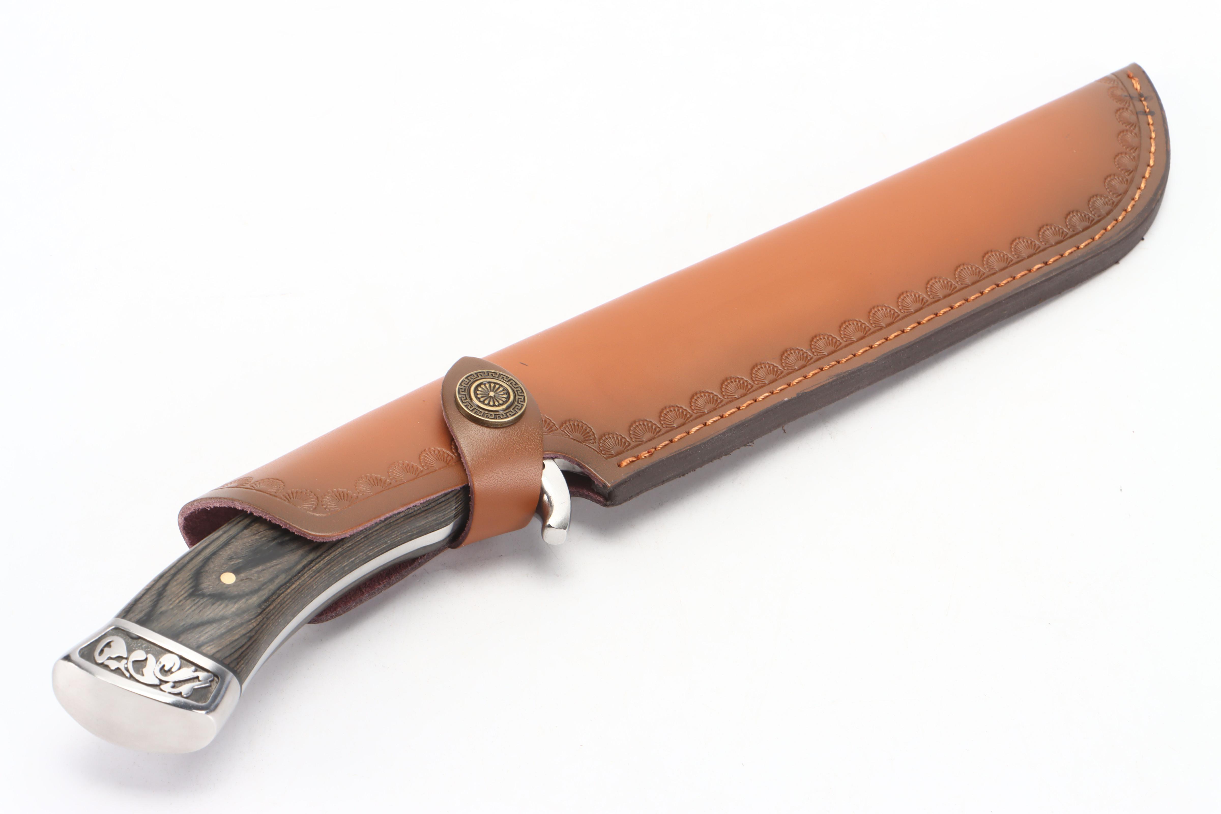 Arizona Custom Knives Black Wooden Handled Fixed Blade Knife with Scabbard