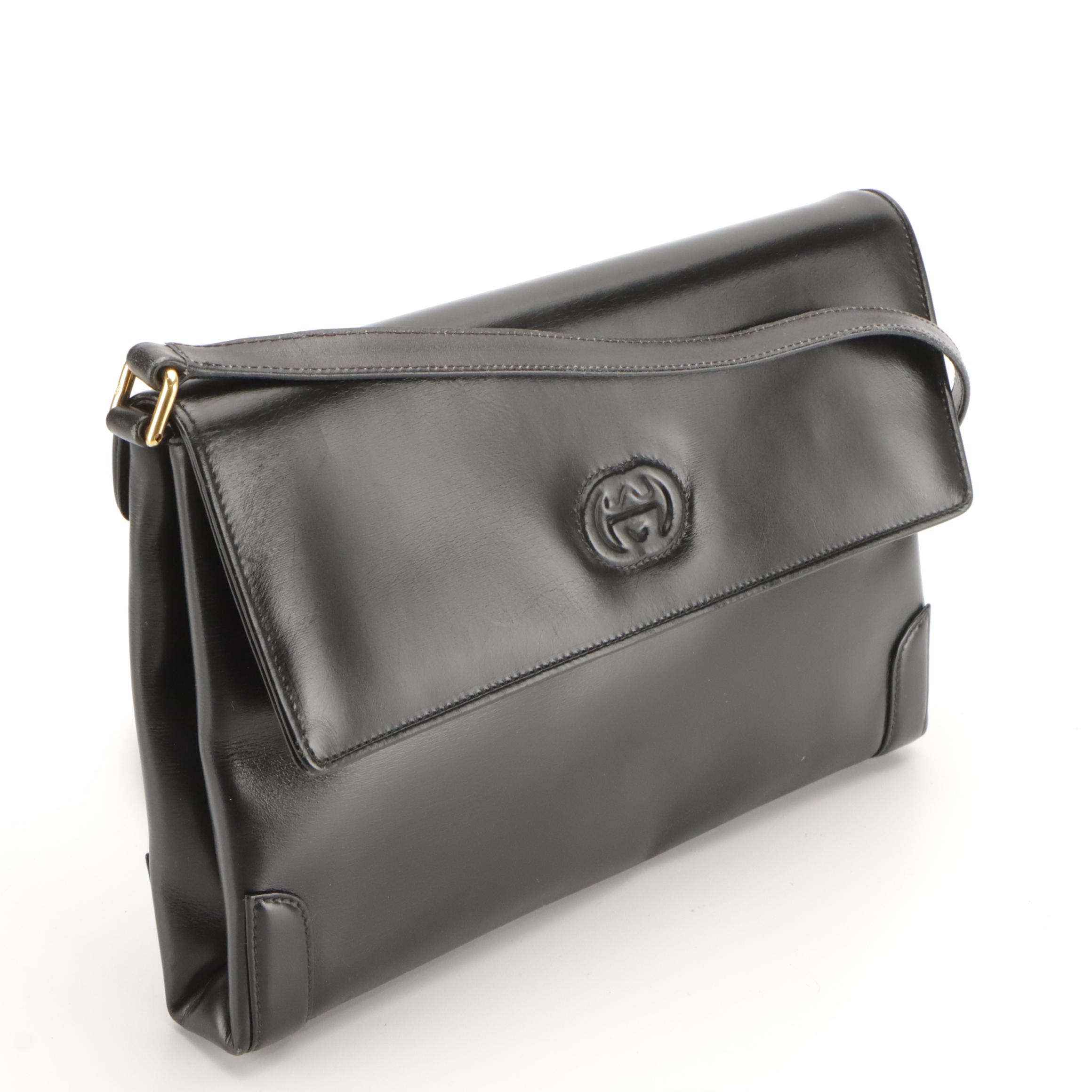 Gucci Black Leather GG Logo Front-Flap Clutch/Crossbody Bag