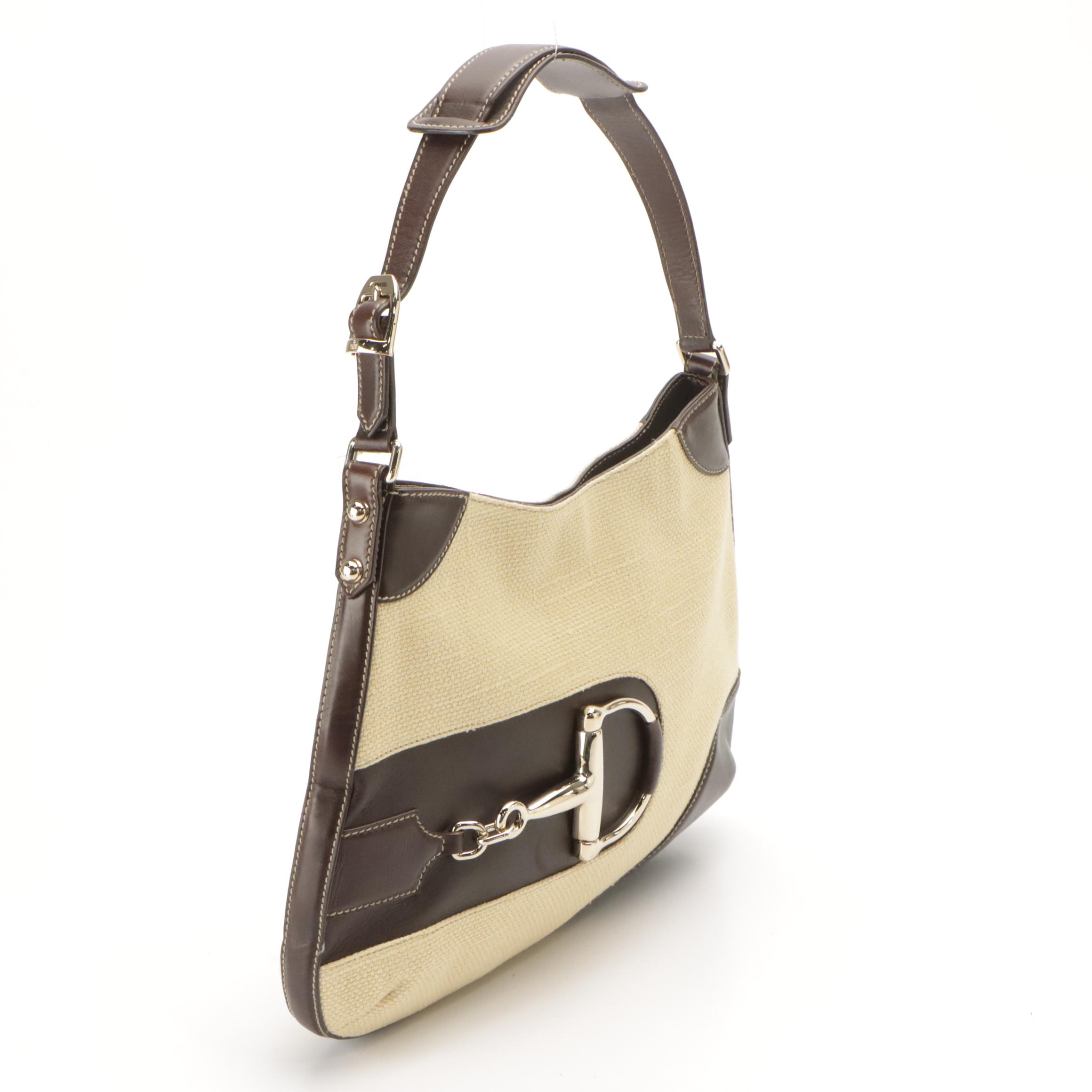 Gucci Horsebit Woven Canvas and Brown Leather Shoulder Bag