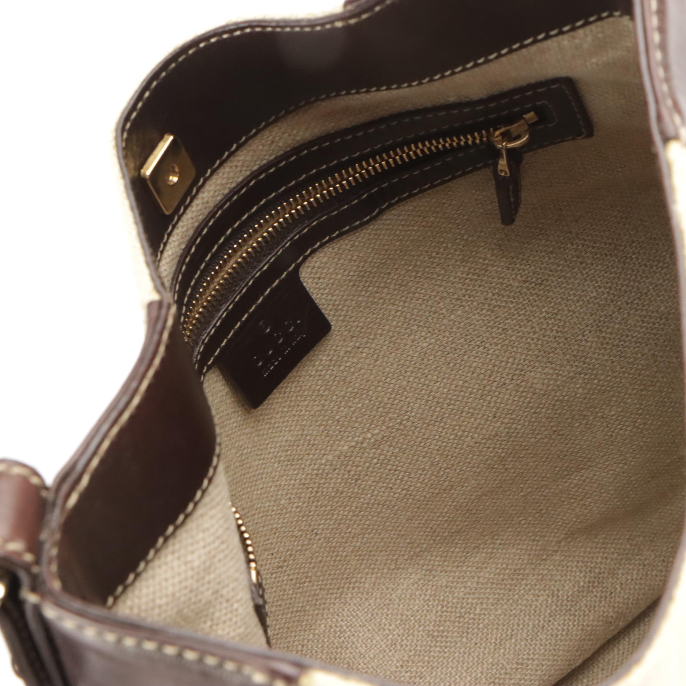 Gucci Horsebit Woven Canvas and Brown Leather Shoulder Bag