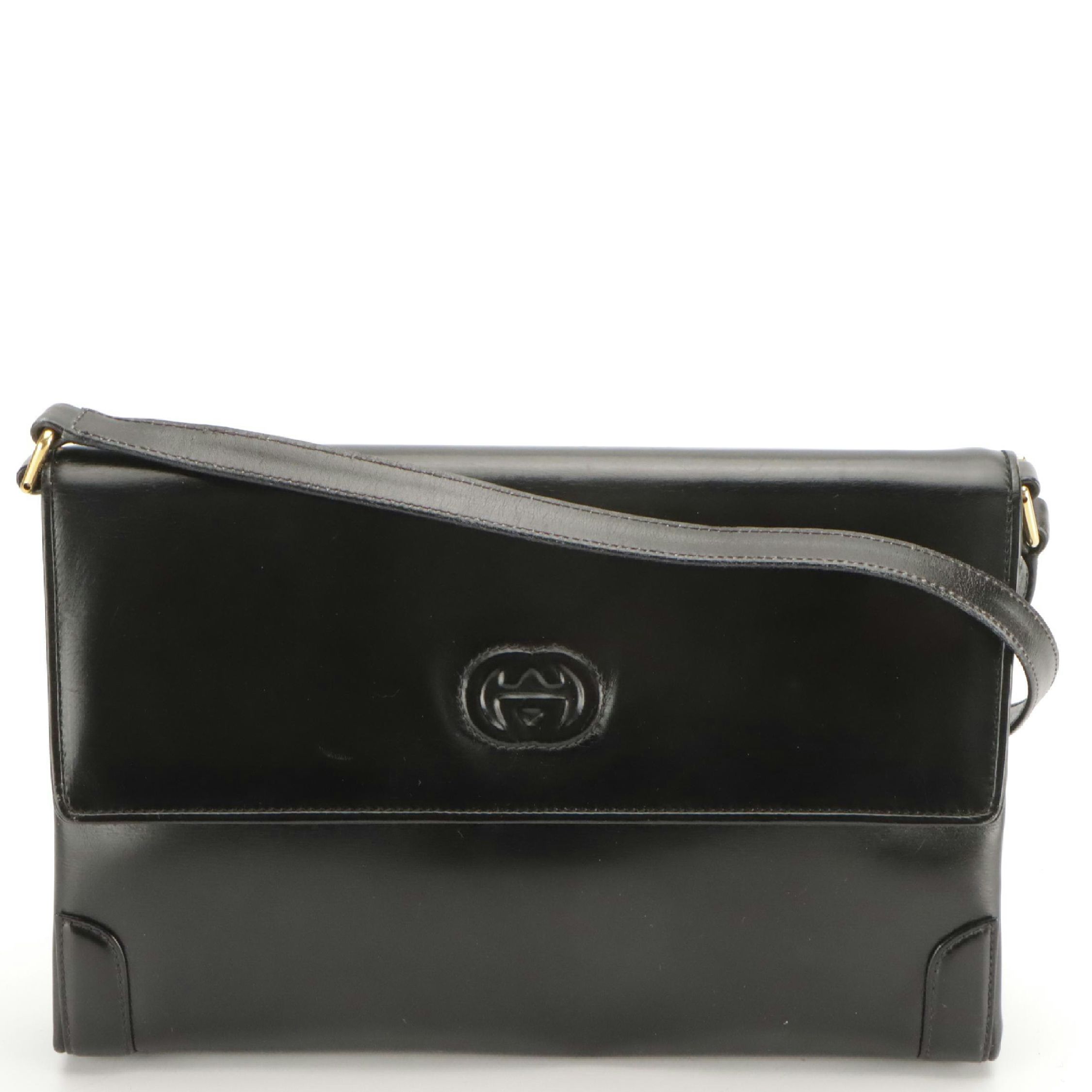 Gucci Black Leather GG Logo Front-Flap Clutch/Crossbody Bag